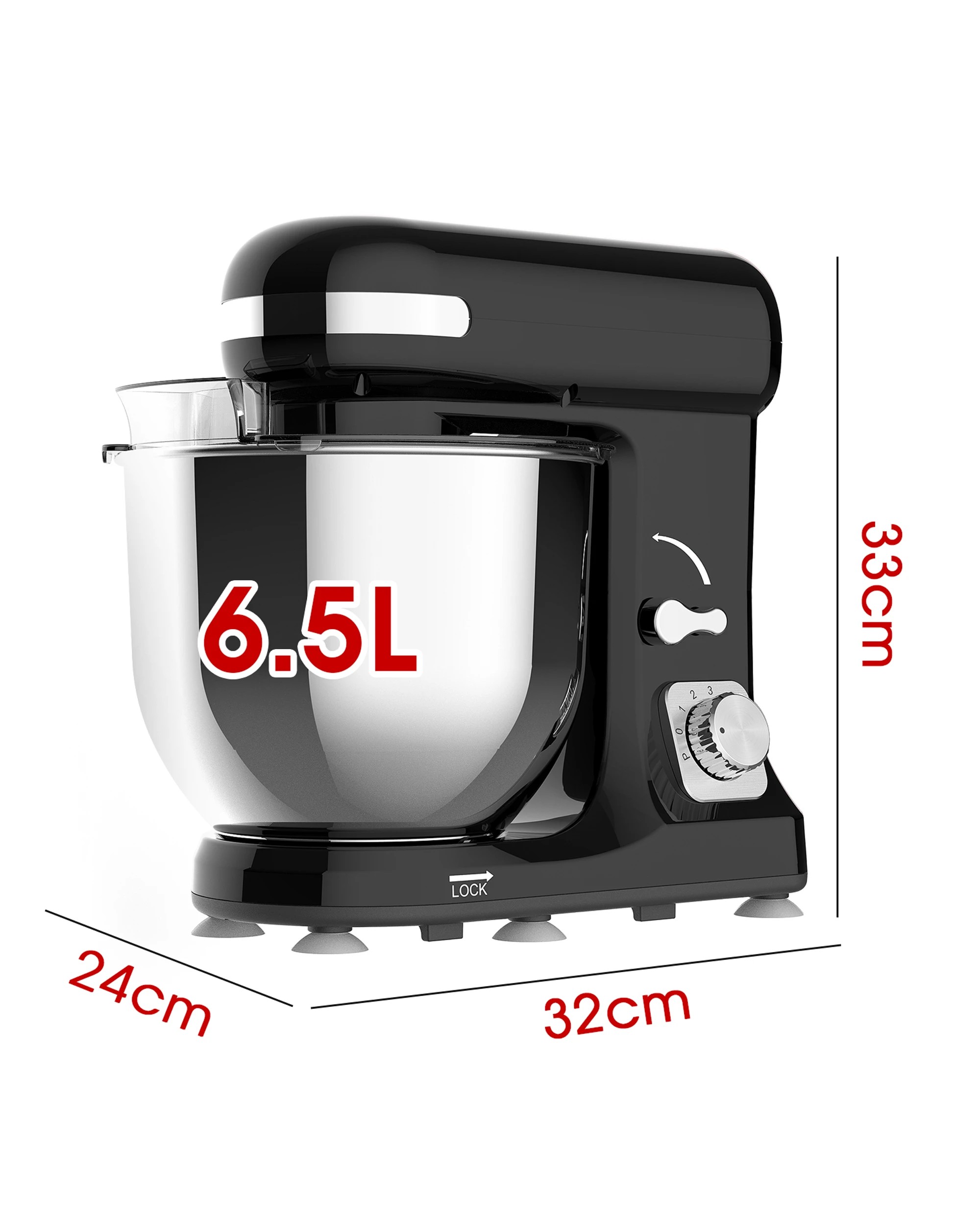 3 Yopower 6.5L Stand Mixer, 1400W Electric Food Mixer Dough Hook, Whisk & Beater - Black, 3 of 4