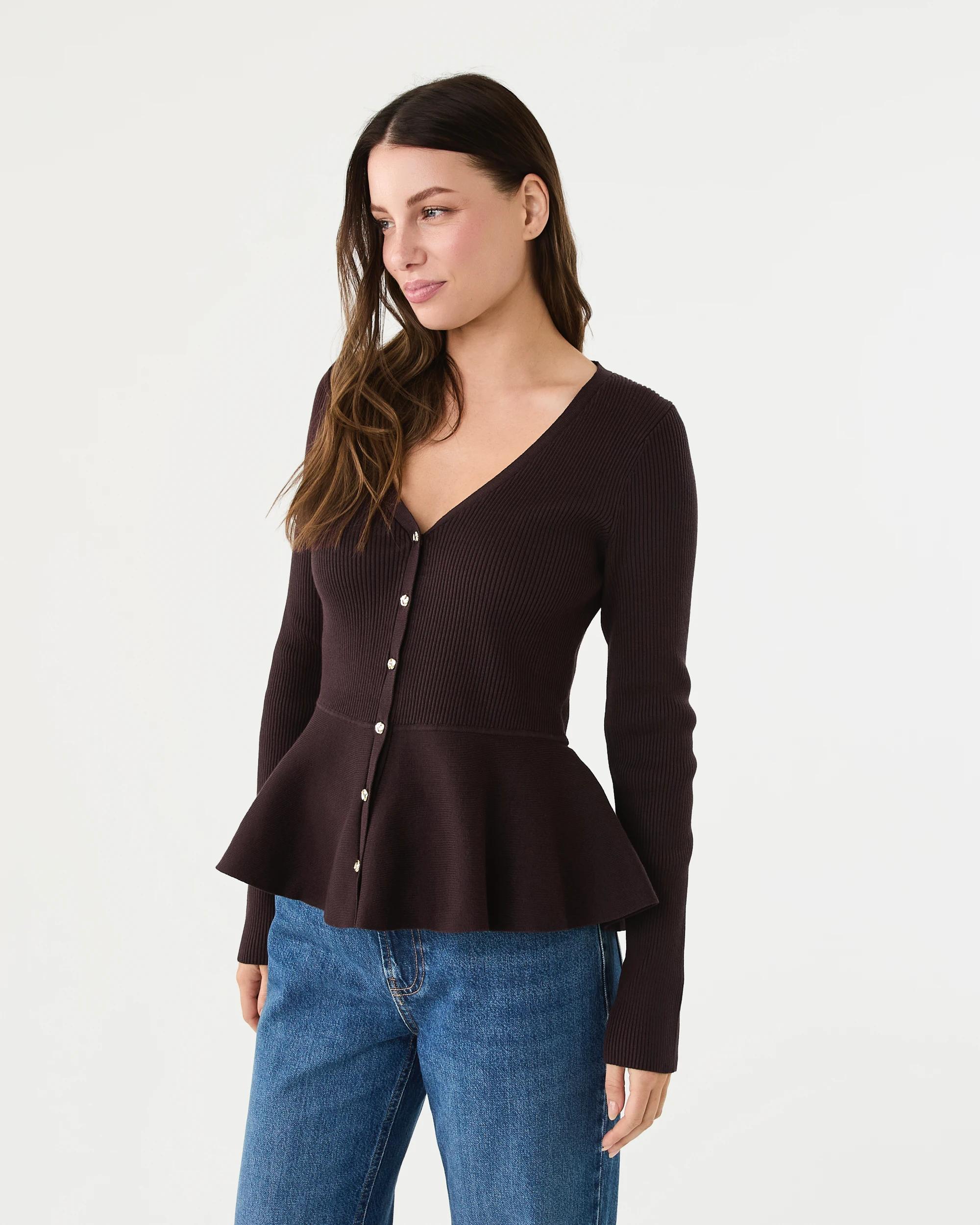 2 Long Sleeve Fitted Peplum Top Choc Plum, 2 of 8
