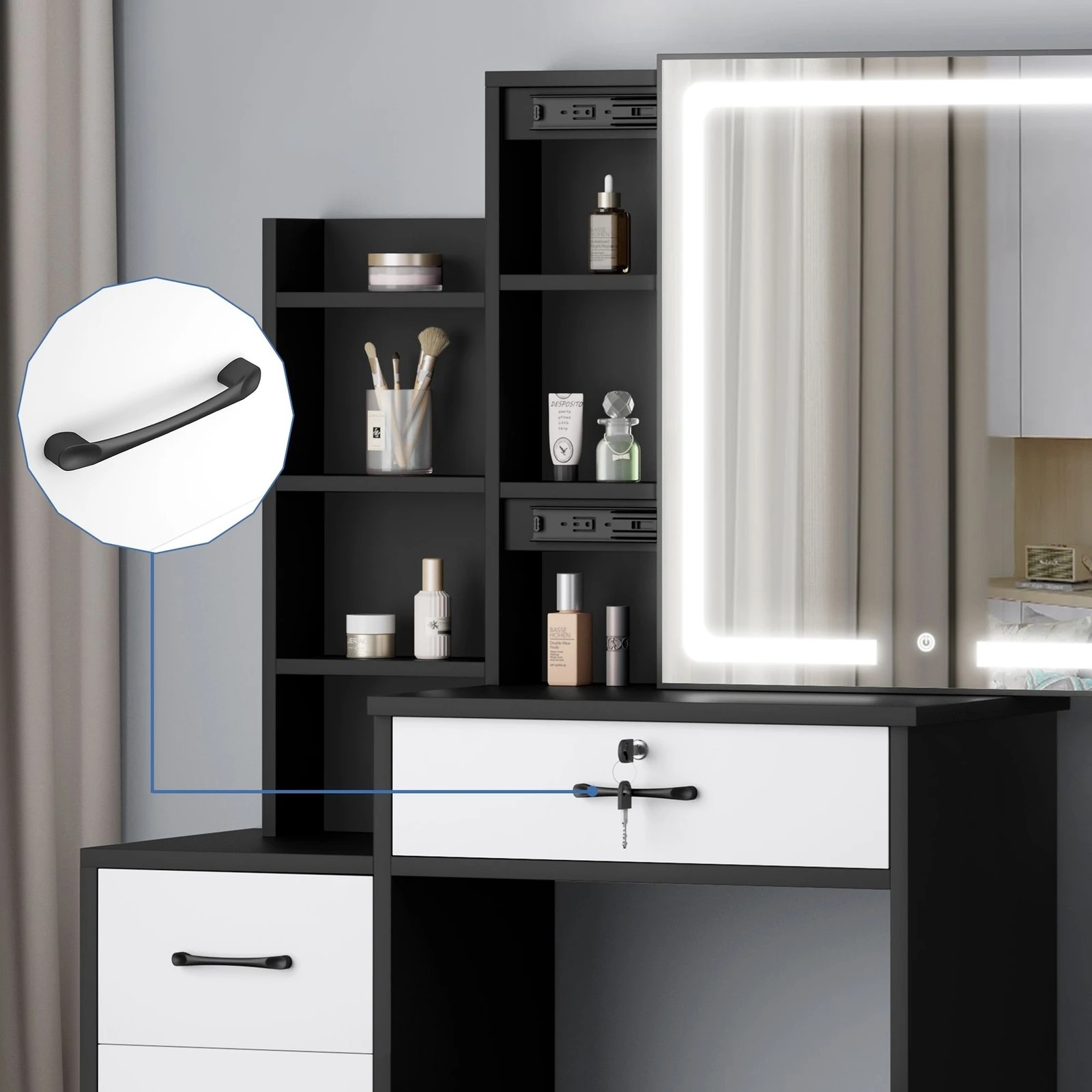 4 Alfordson Dressing Table Stool Set Makeup Mirror Vanity Desk Drawers - Black White, 4 of 10