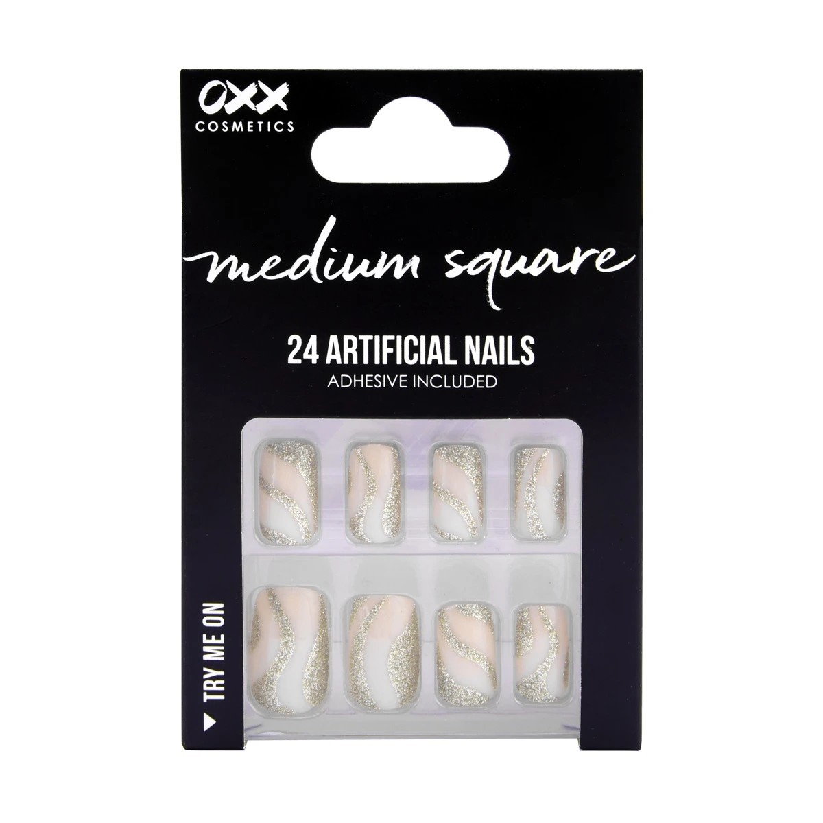 1 OXX Cosmetics 24 Pack Artificial Nails with Adhesive - Medium Square Shape, Nude and Gold, 1 of 5