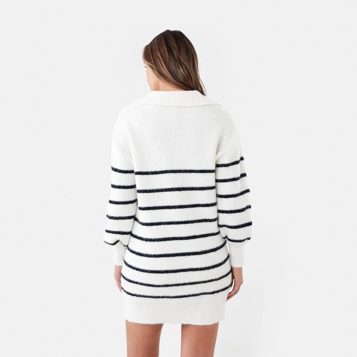 3 Long Sleeve Collared Knit Mini Dress Navy Strp, 3 of 6