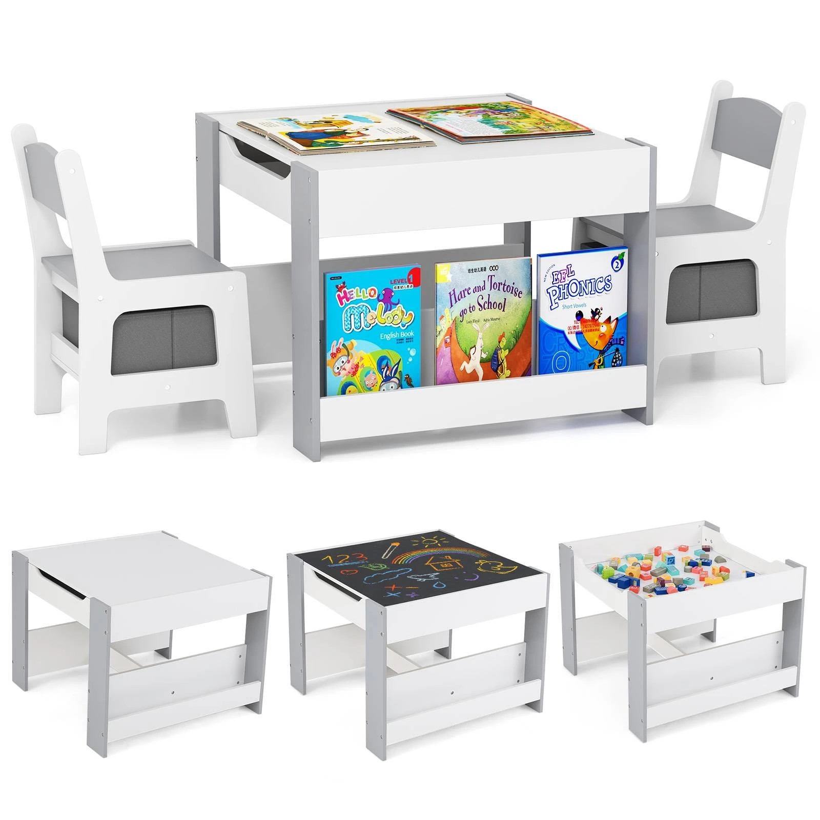 1 Costway 4-in-1 Storage Table & Chair Set Wood Activity Desk Chair - Grey, 1 of 3