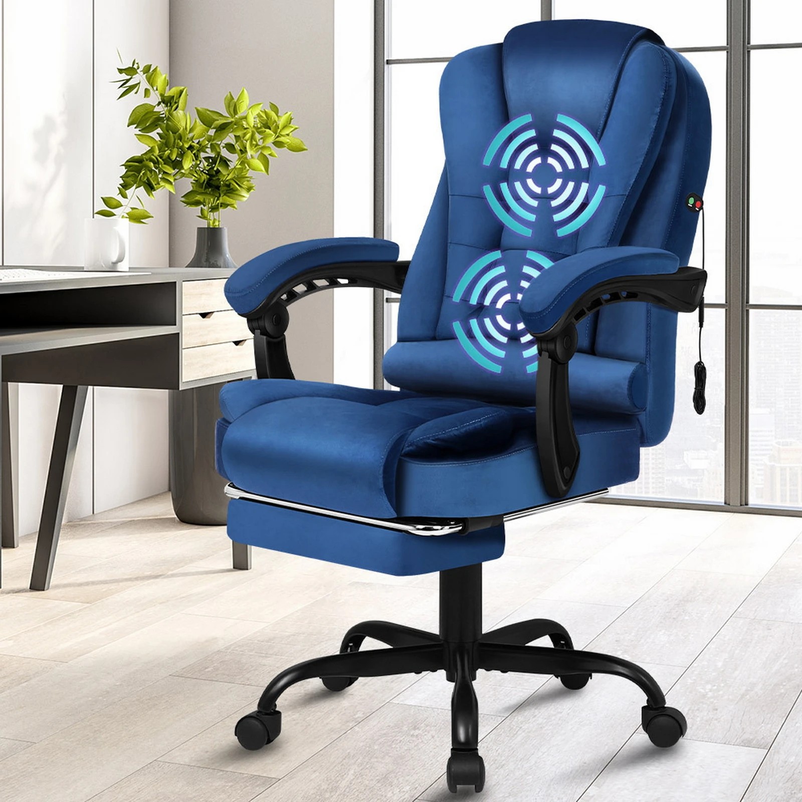 10 Alfordson Massage Office Chair Velvet Footrest Executive Gaming Racing Seat - Blue, 10 of 10