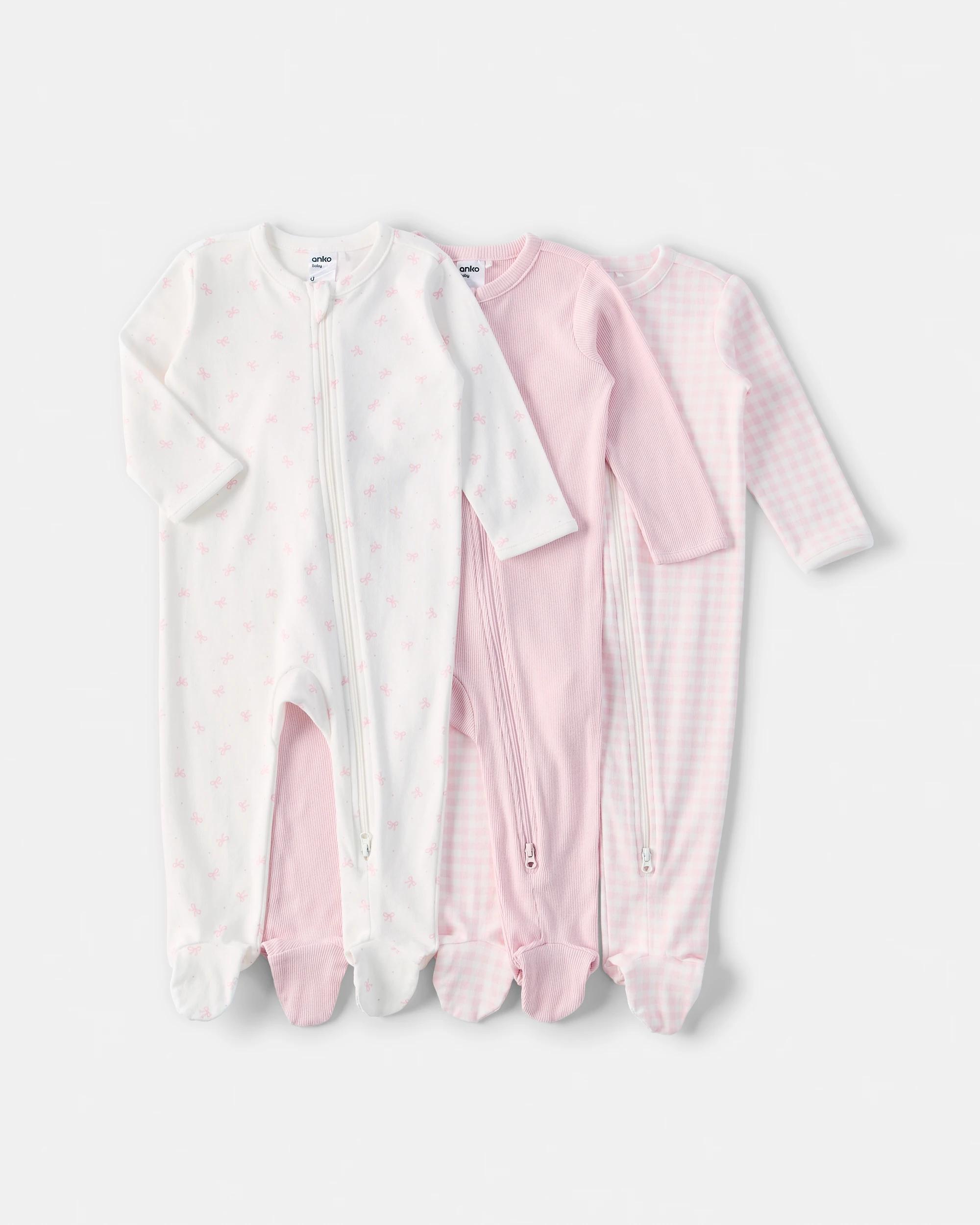 1 3 Pack Australian Cotton Coveralls Pnk Bows, 1 of 8