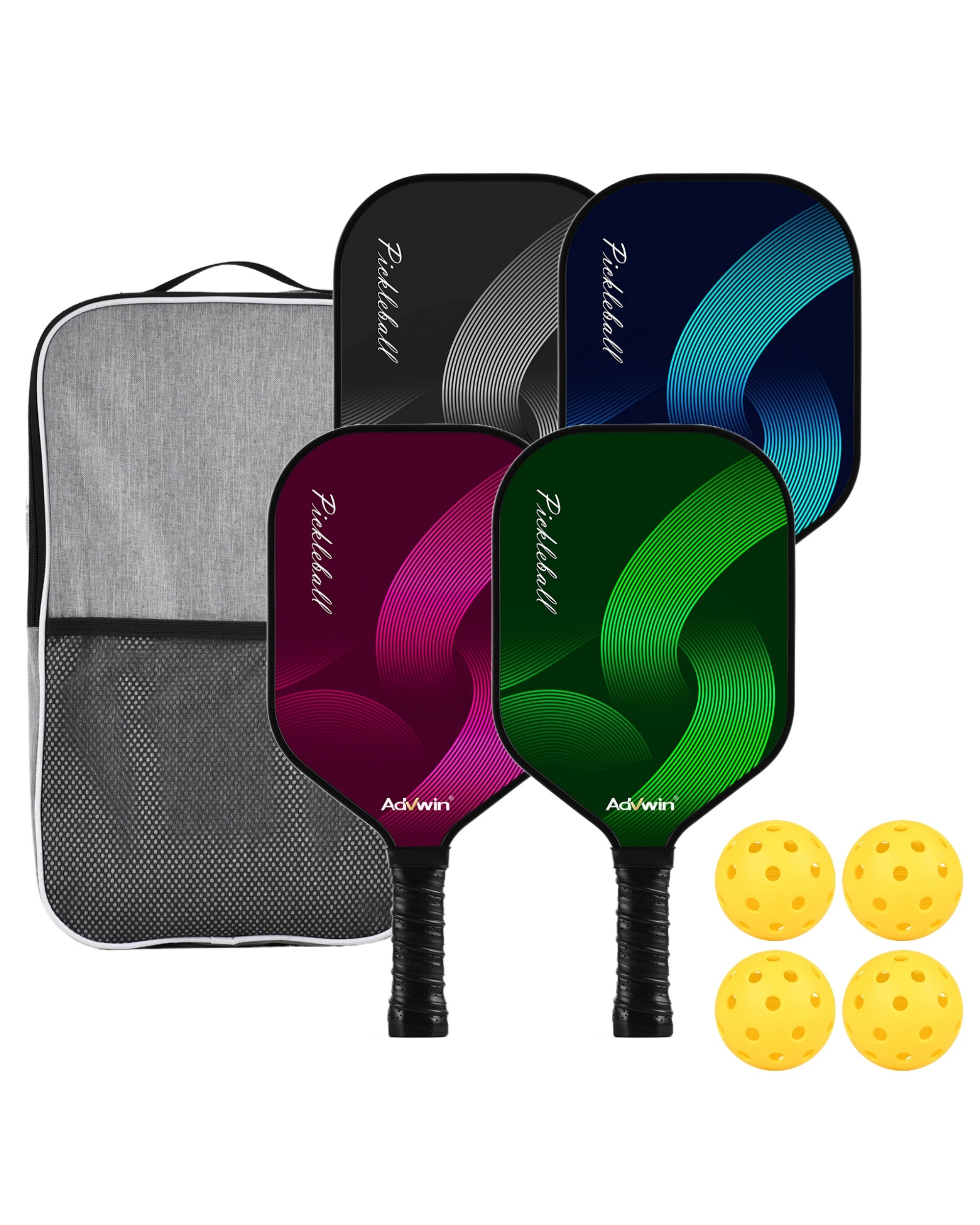 1 Advwin Pickleball Paddles Set with 4 Pickleballs & 4 Balls & Carry Bag - Black, 1 of 7