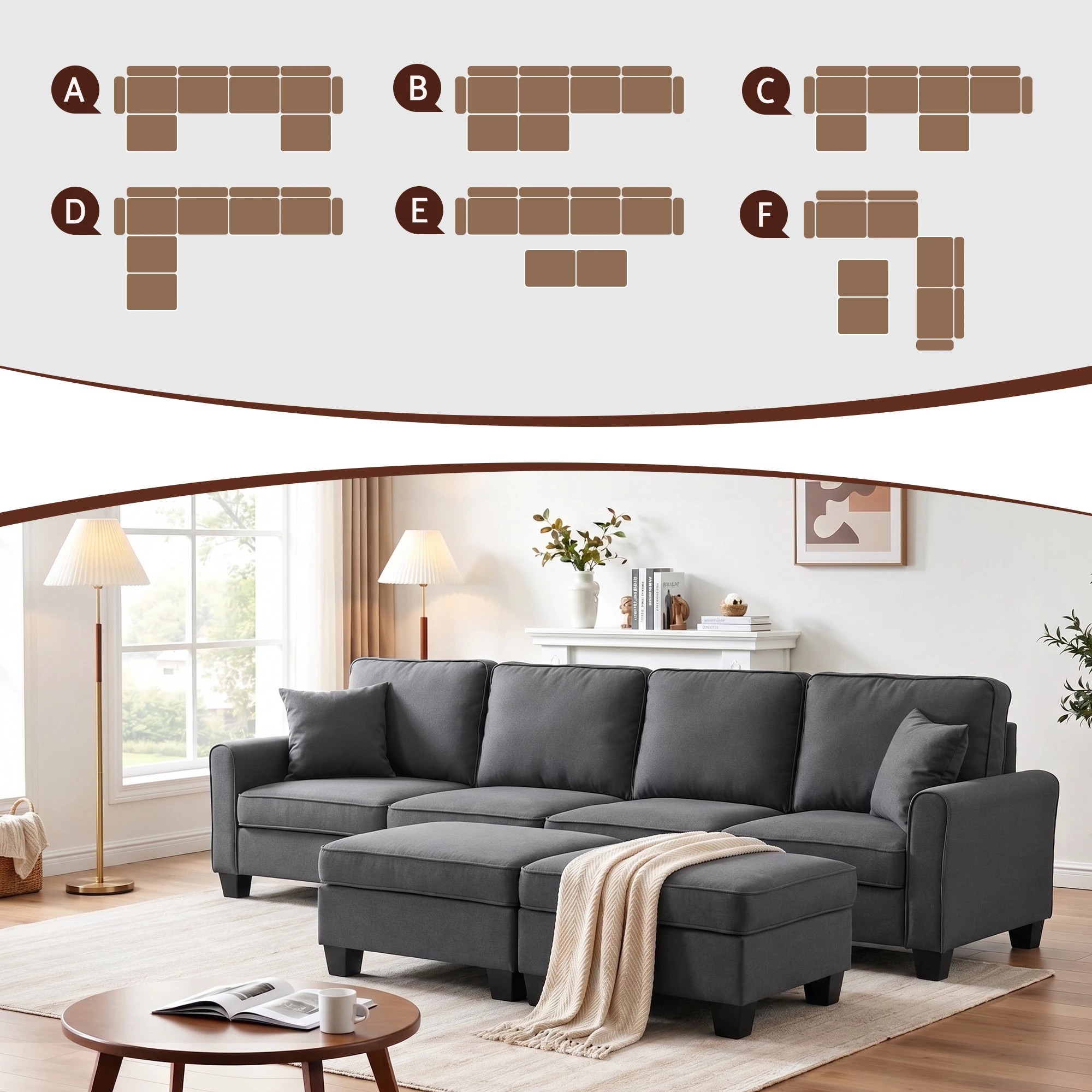6 Artiss Modular Sectional U Shaped Storage Sofa Couches for Living Room - Grey, 6 of 8