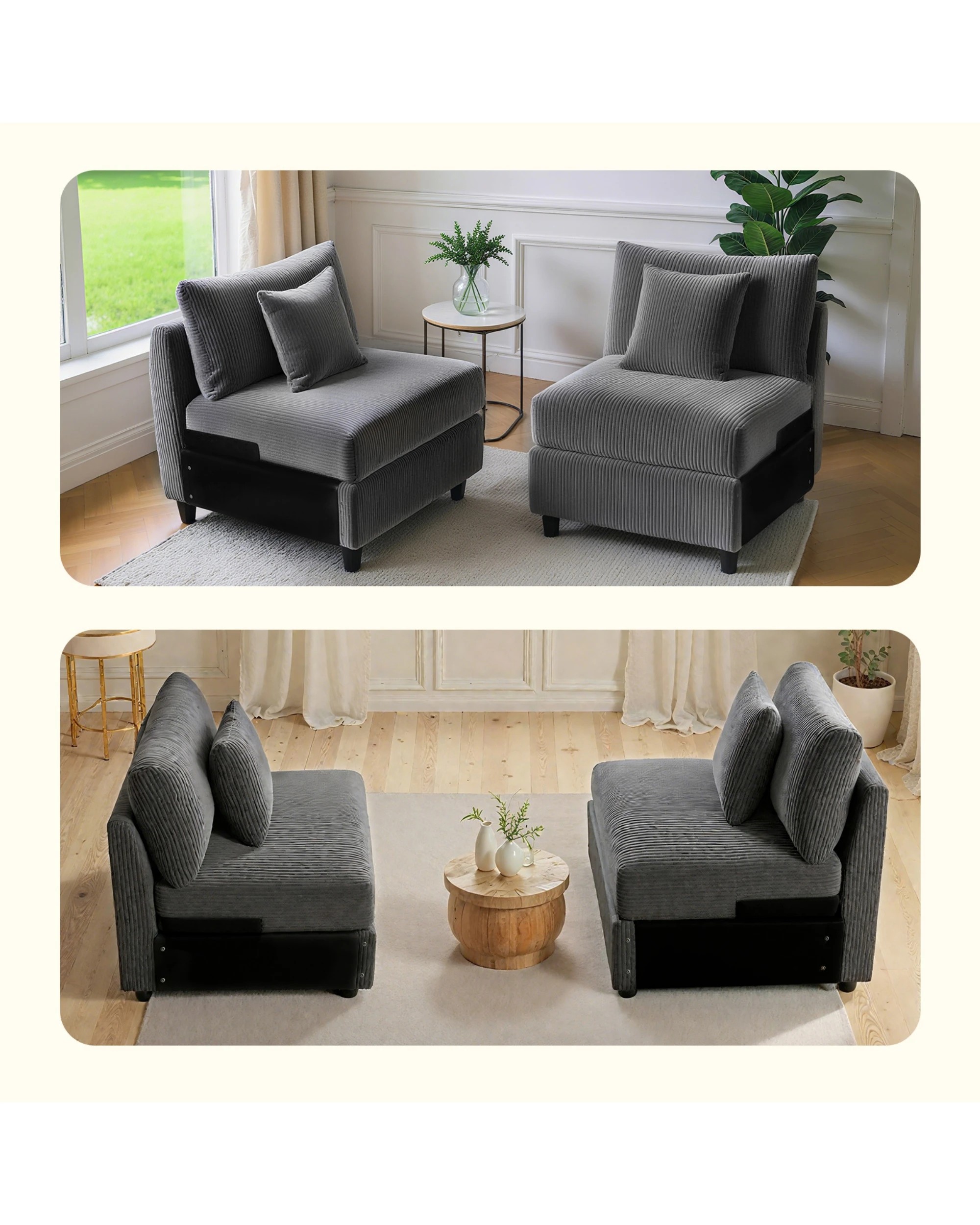 3 Advwin Armless Sofa Corduroy Modular Lazy Sofa Modern Lounge Chair Couch with Cushion, 3 of 8