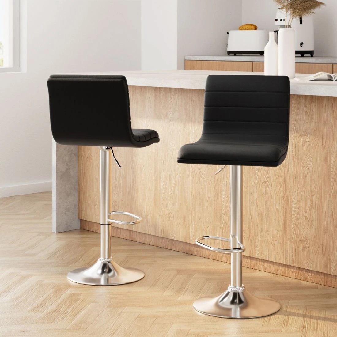 3 Artiss 2x Bar Stools Padded Leather Gas Lift
 - black, 3 of 4