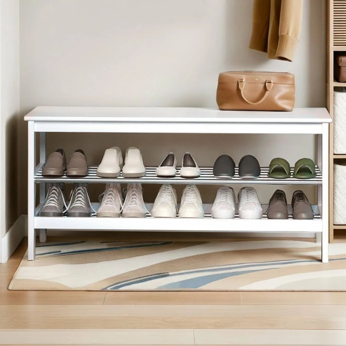 3 Artiss Shoe Rack Cabinet Bamboo Bench 10 Paris - White, 3 of 6