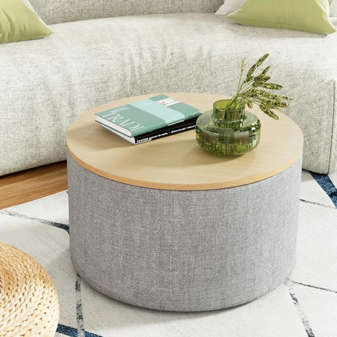6 Artiss Storage Ottoman Blanket Box 60cm Linen Round - Multi, 6 of 6