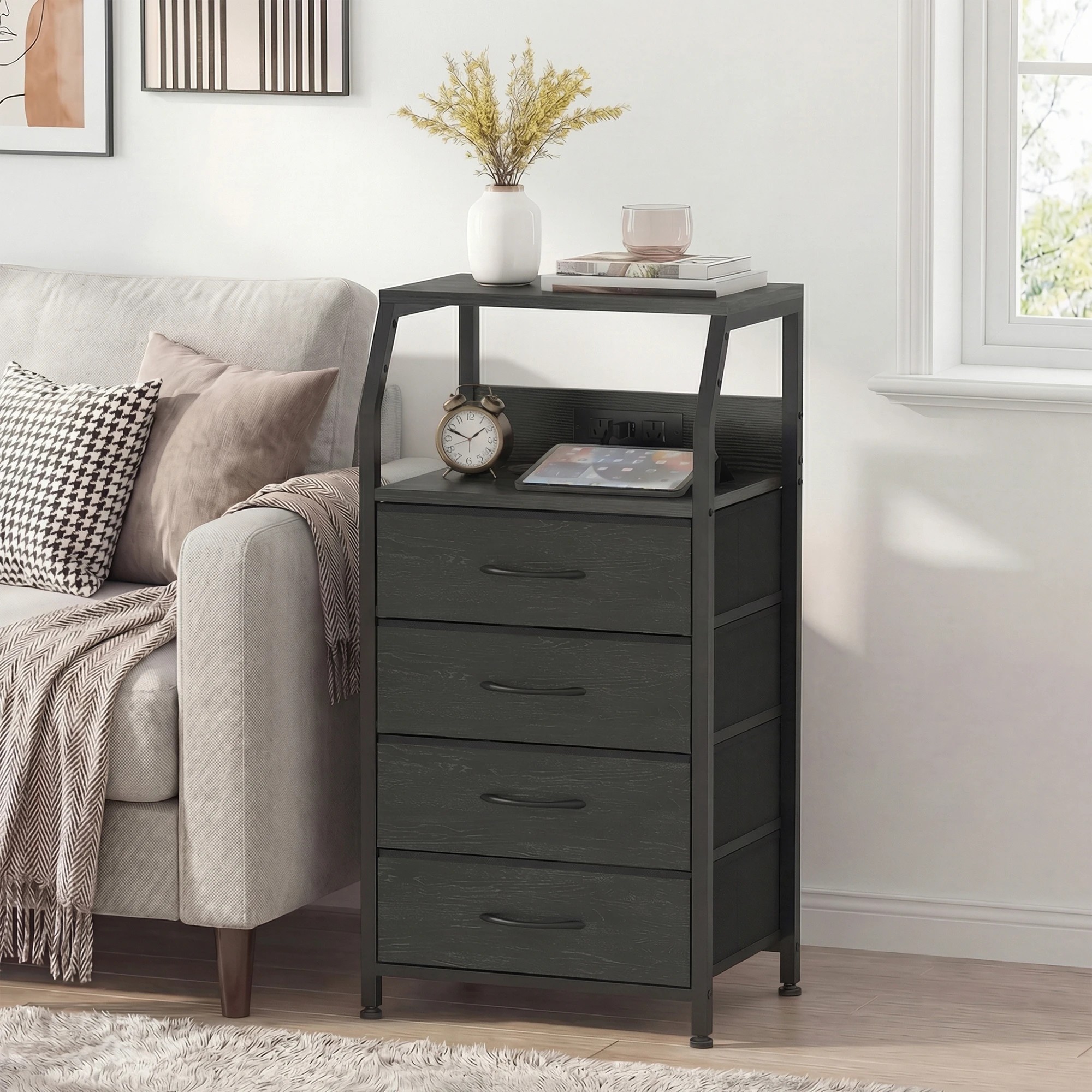 7 Advwin Bedside Table with Charging Station 4 Fabric Drawers Nightstand - Black, 7 of 9