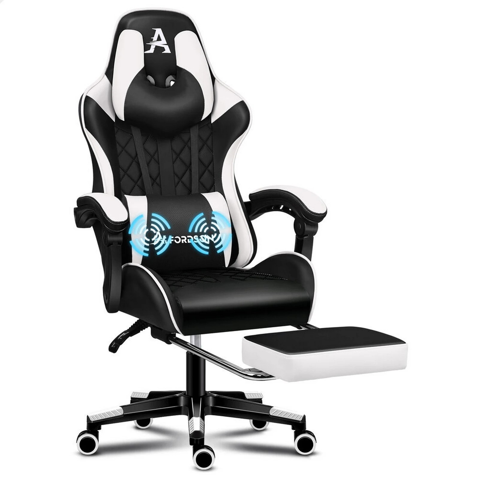 1 Alfordson Gaming Chair Office Racer Large Lumbar Cushion Footrest Seat Leather - White, 1 of 10