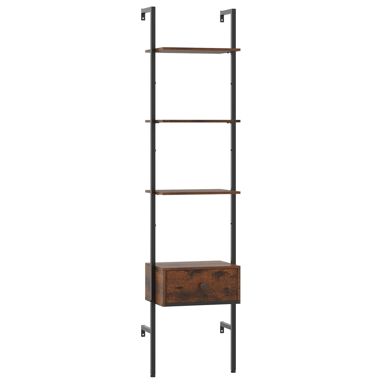 1 Costway 5-Tier Ladder Bookcase w/Drawer Tall Wall-Mounted Bookshelf Open Display Shelf Storage - Brown, 1 of 5