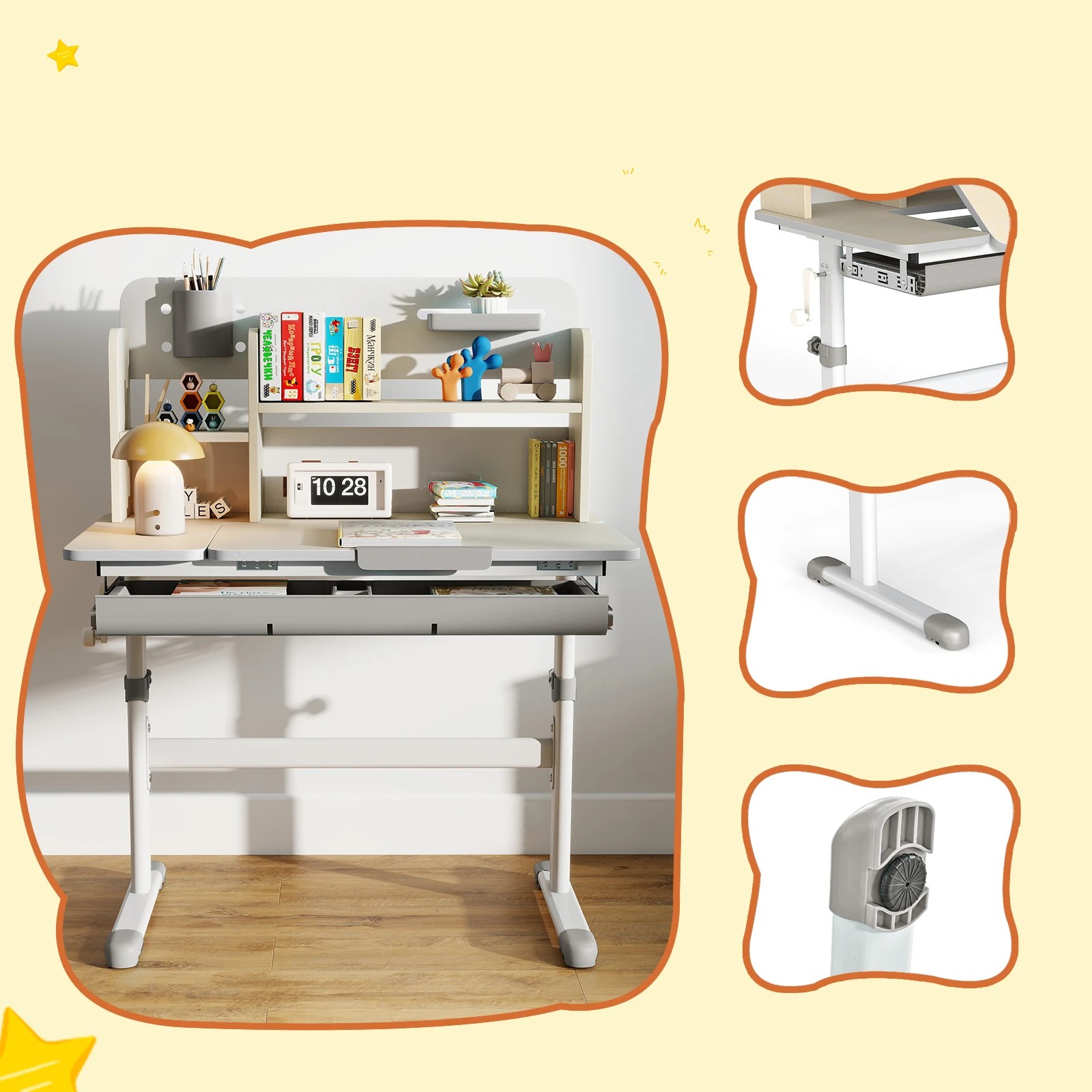 4 Costway Study Desk Height Adjustbale Table w/Tiltable Top - Grey, 4 of 6