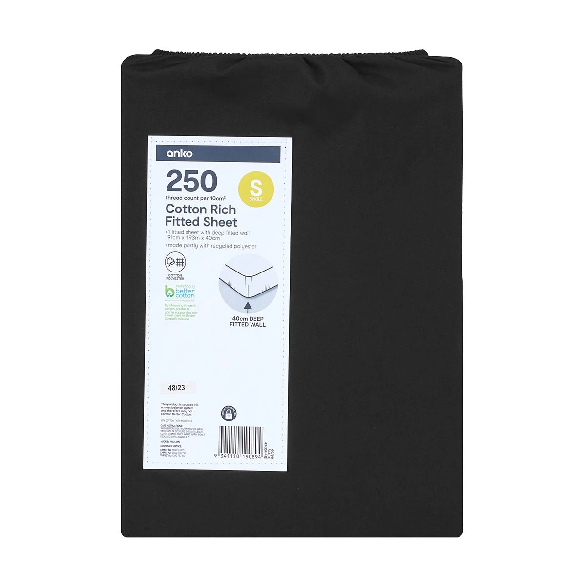 4 250 Thread Count Cotton Rich Fitted Sheet - Single Bed, Black, 4 of 4