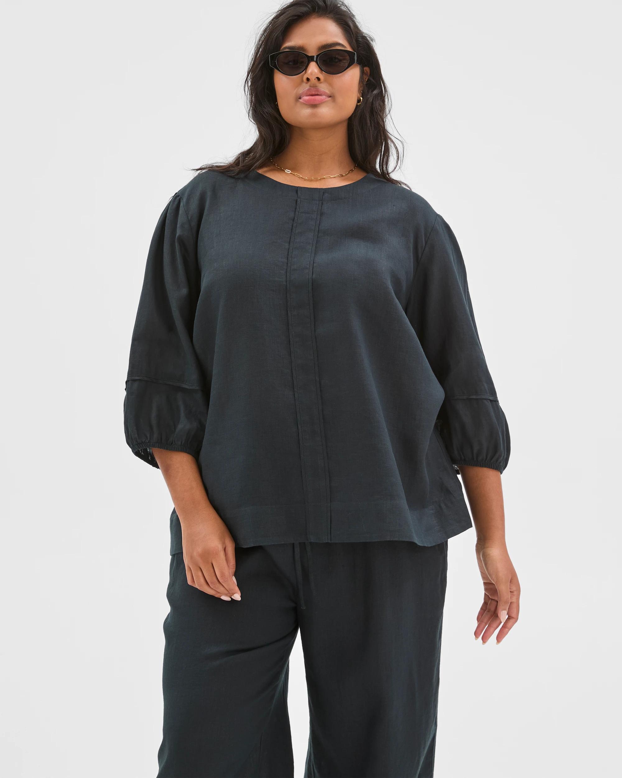 1 Target Curve Plus Size European Linen Balloon Sleeve Blouse BLACK, 1 of 6