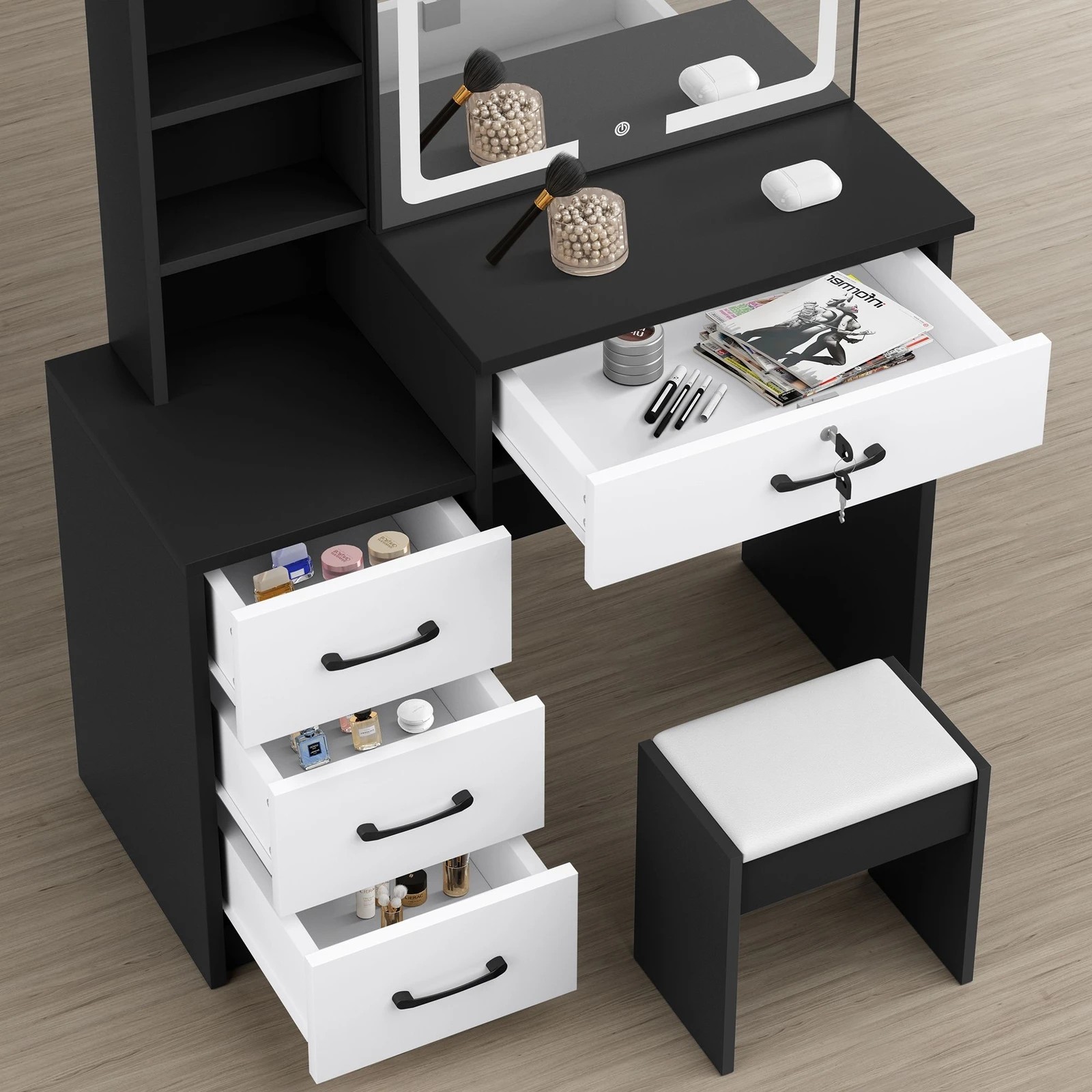 5 Alfordson Dressing Table Stool Set Makeup Mirror Vanity Desk Drawers - Black White, 5 of 10