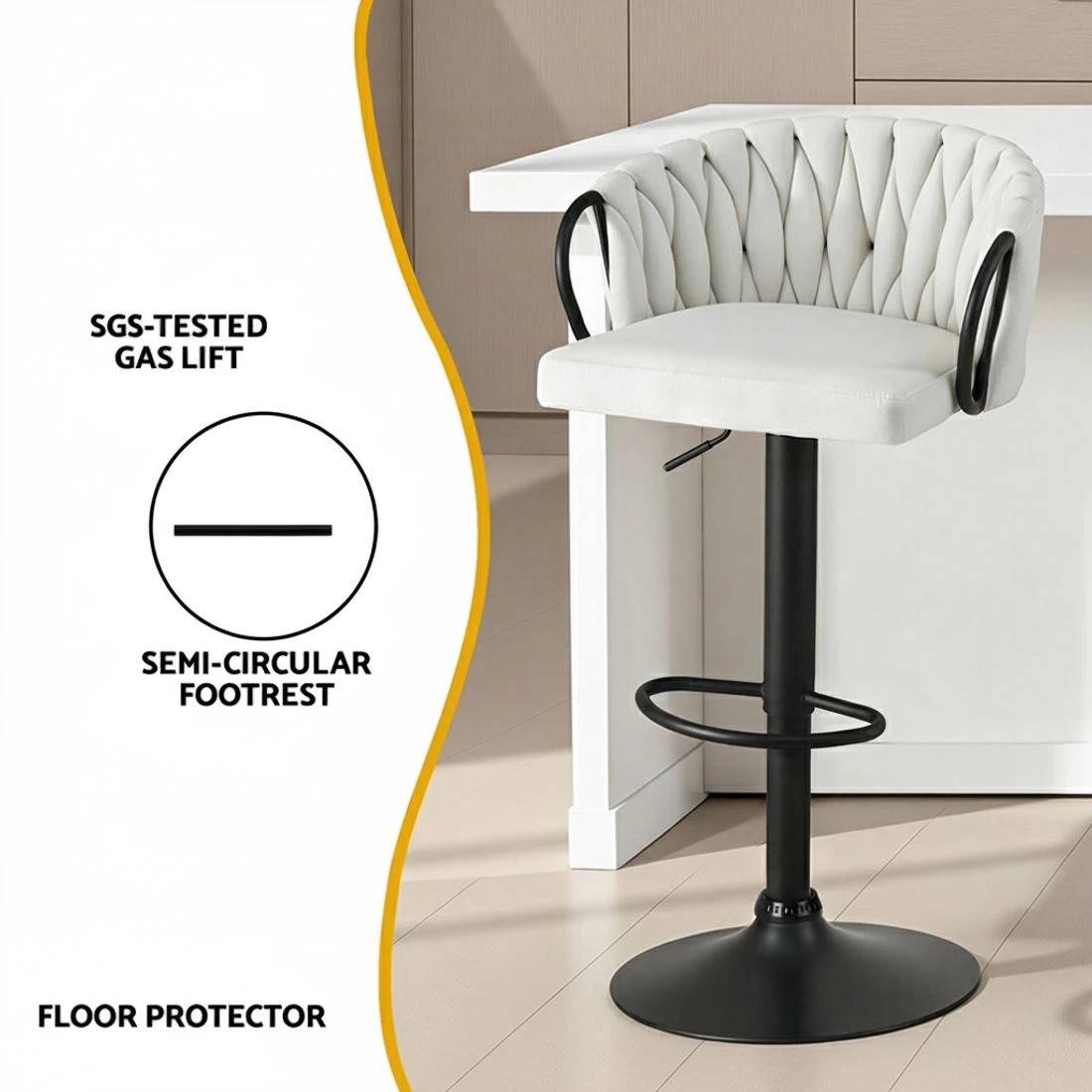 6 Artiss 1x Bar Stool Single Kitchen Dining Chair Counter Stool Woven Velvet Ivory - Beige, 6 of 6