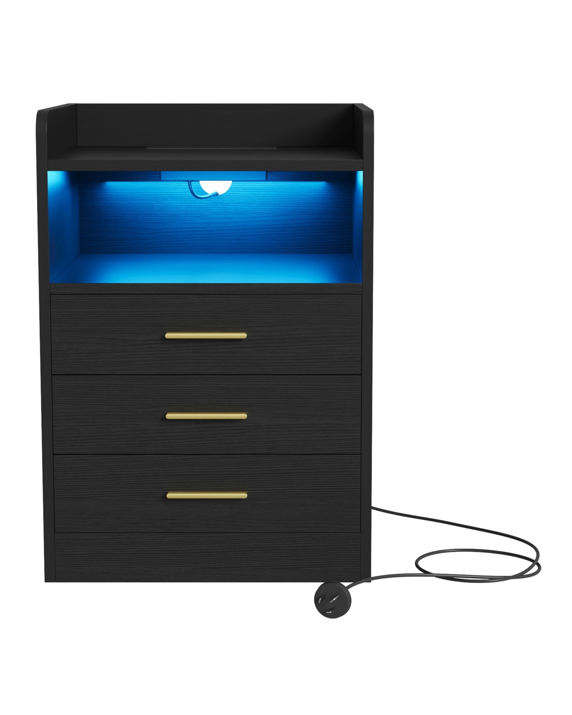 1 Advwin RGB Led Bedside Table with Charging Station 3 Drawers - Black, 1 of 9