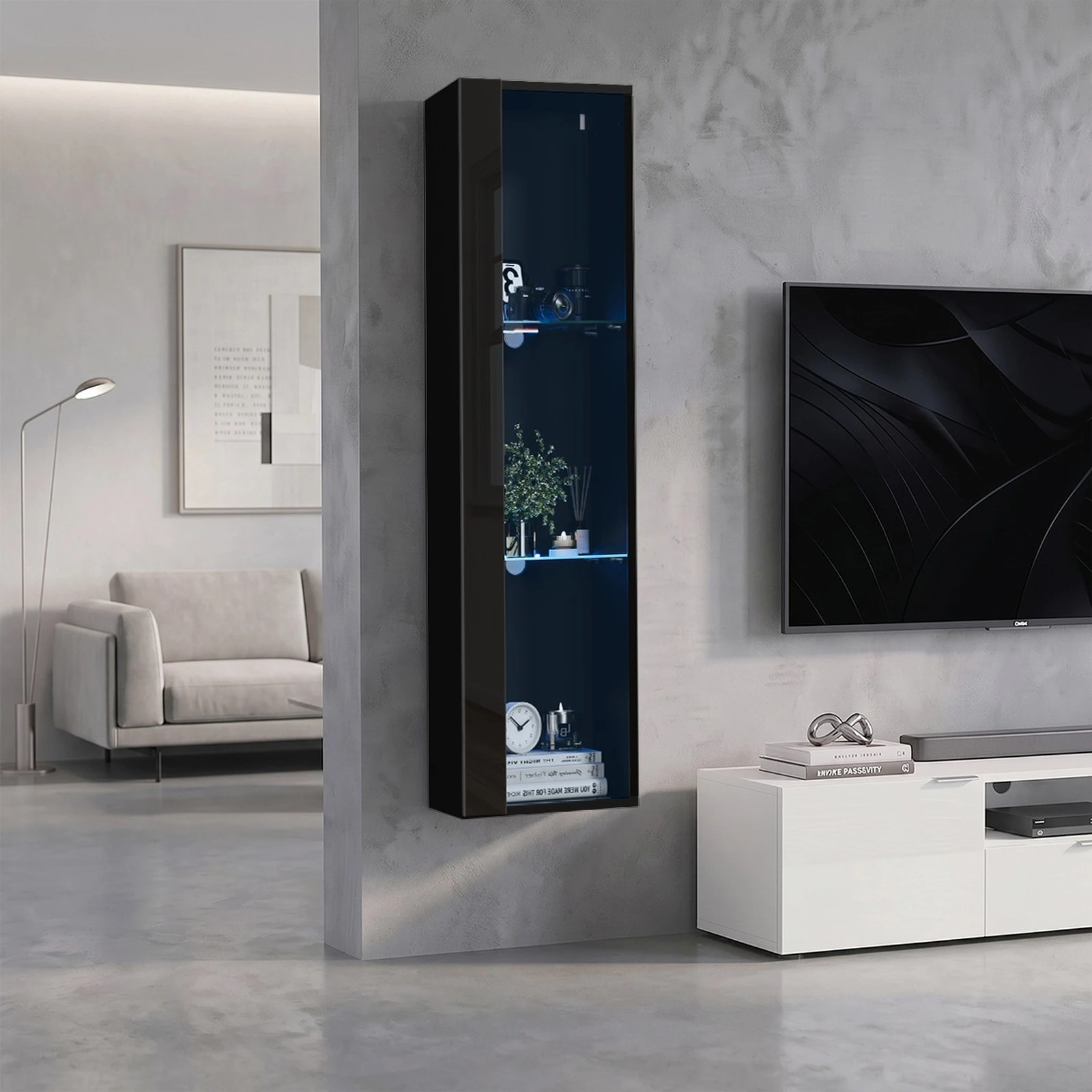 4 Oikiture Wall Mounted Display Cabinet LED Light High Gloss Cupboard - Black, 4 of 8