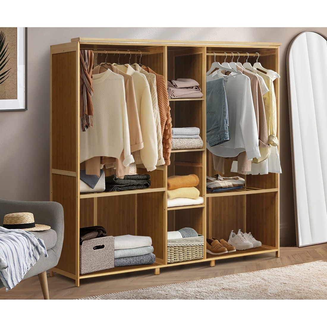 3 Oikiture Open Wardrobe Clothes Storage Stand Hanging Rail Bamboo Cupboard
 - Natural, 3 of 10