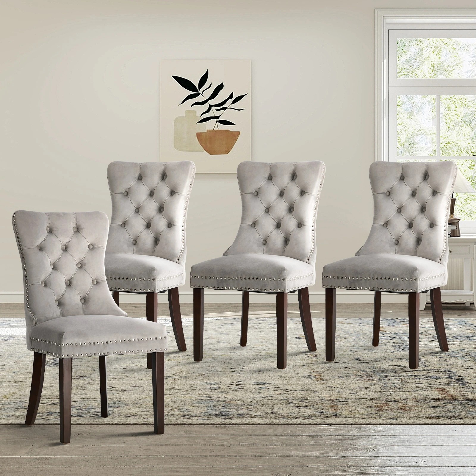 3 Oikiture 4x Velvet Dining Chairs Upholstered French Provincial Tufted Light - Grey, 3 of 10