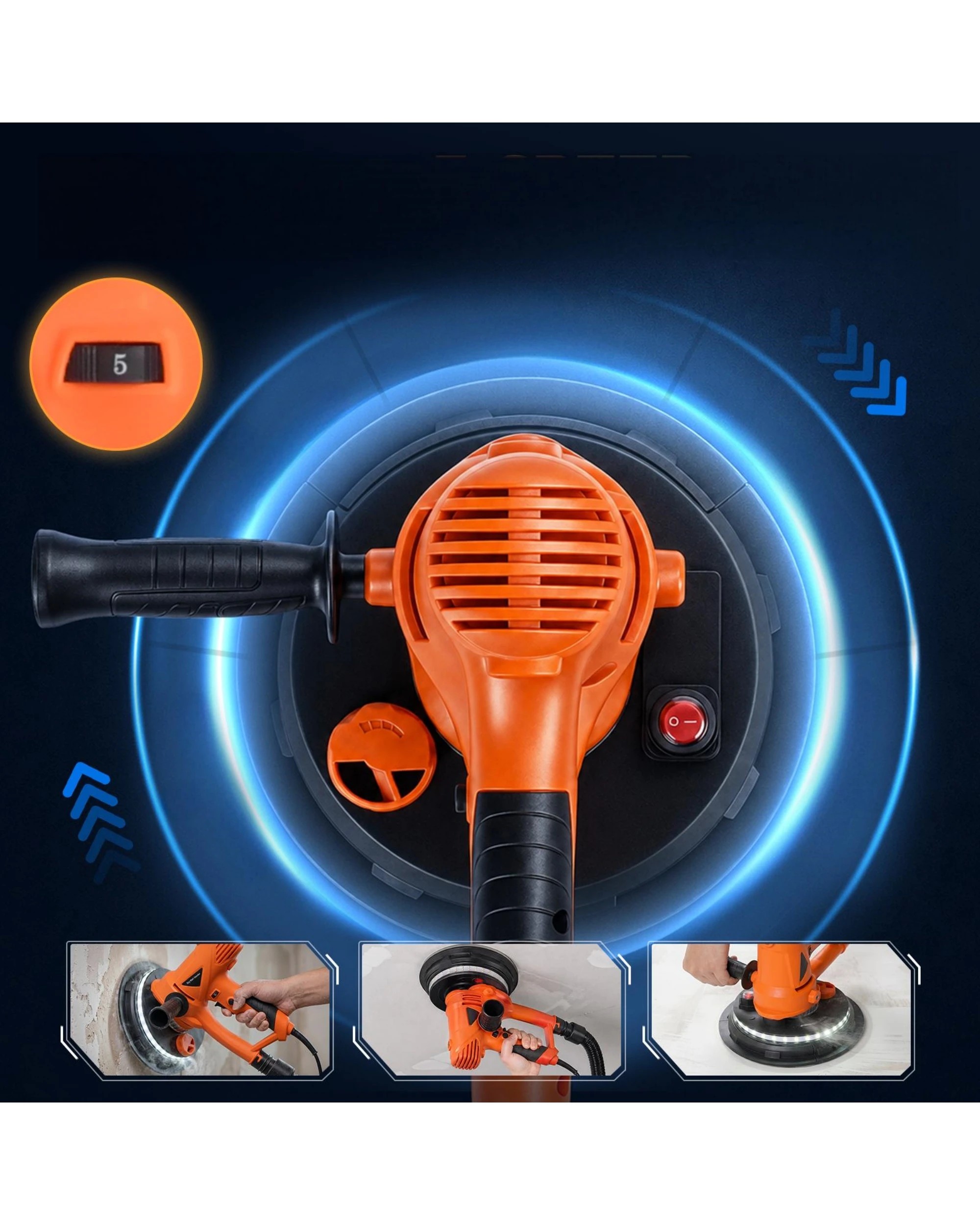 4 Advwin Handheld Drywall Sander 950W 1200-2500RPM
 12 Sanding Discs 5 Level Speed - Orange, 4 of 9
