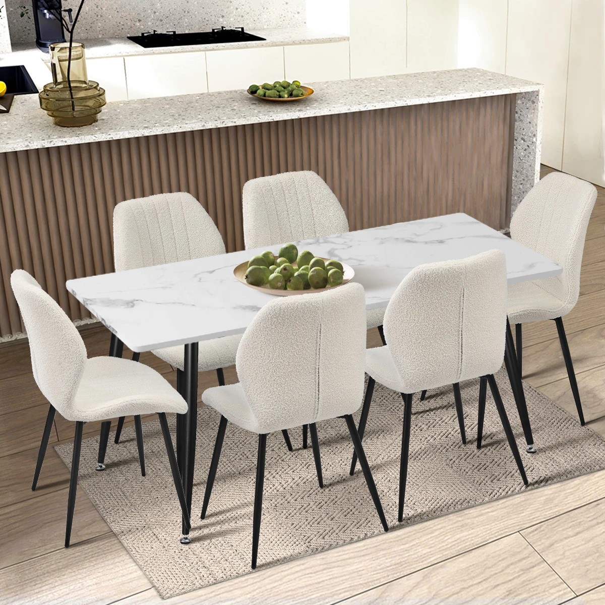 7 Oikiture Set Of 6 Dining Chairs Kitchen Lounge Padded Seat Armless Boucle
 - White, 7 of 9
