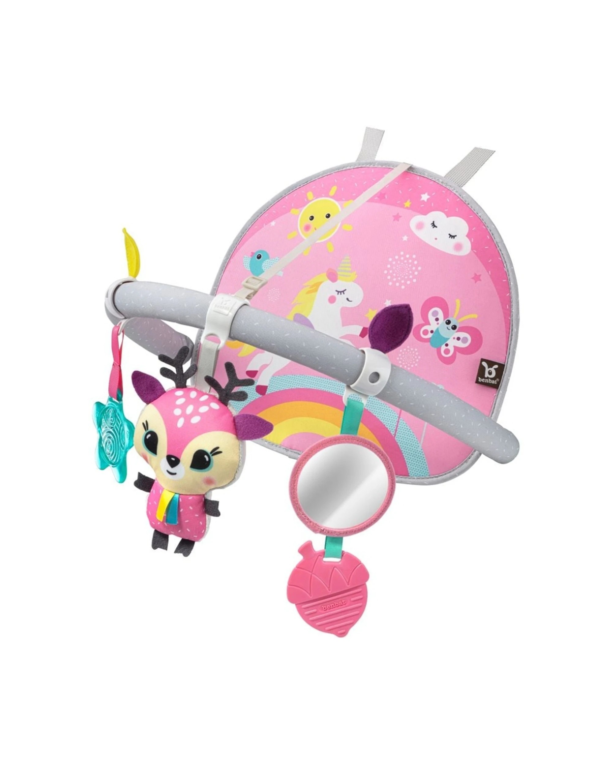 1 Benbat Dazzle Friends Interactive Clip On Car Seat Baby Toys Double Sided 0 - Pink, 1 of 4