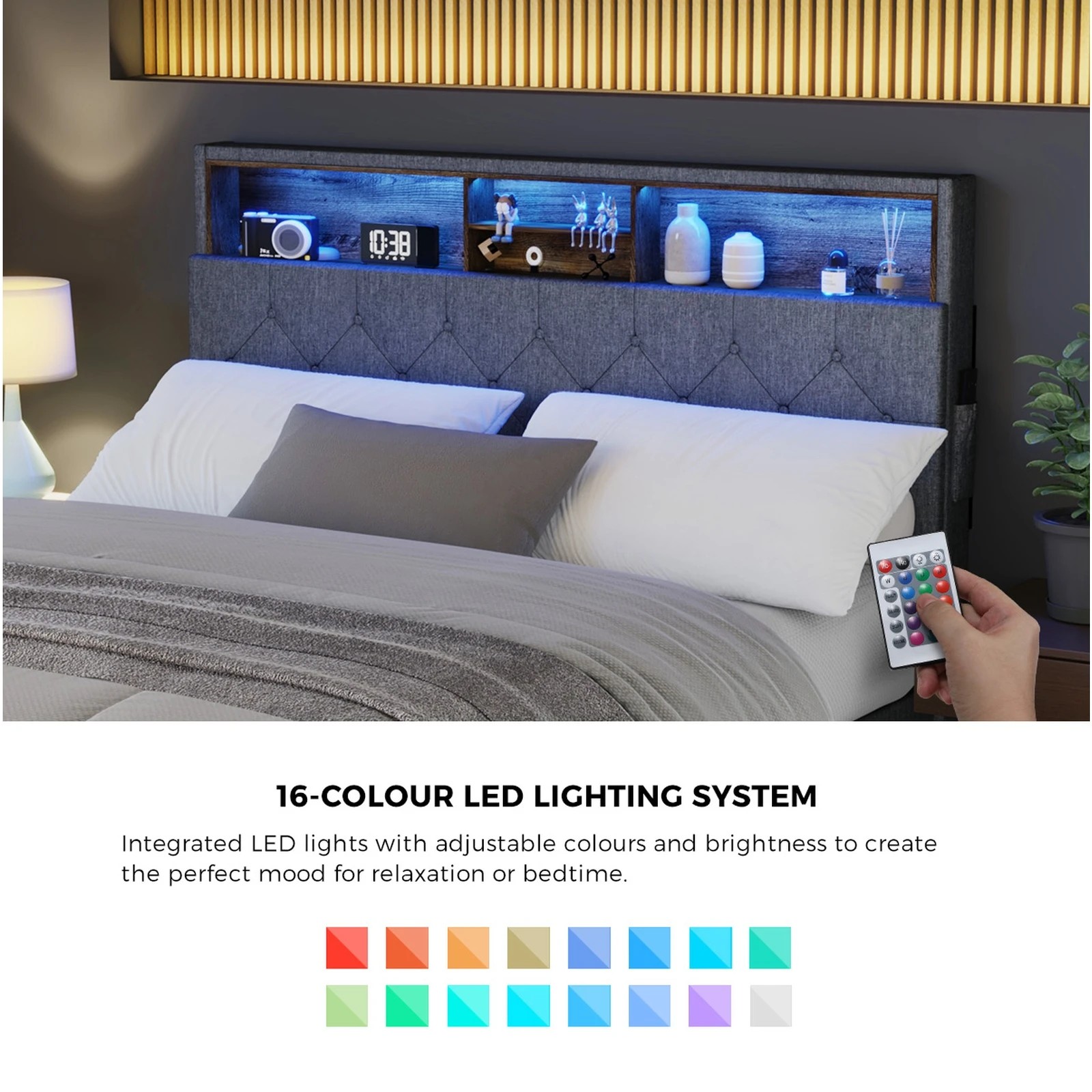 4 Oikiture Double Bed With Led Storage Bedhead Bed Frame
 - Grey, 4 of 10