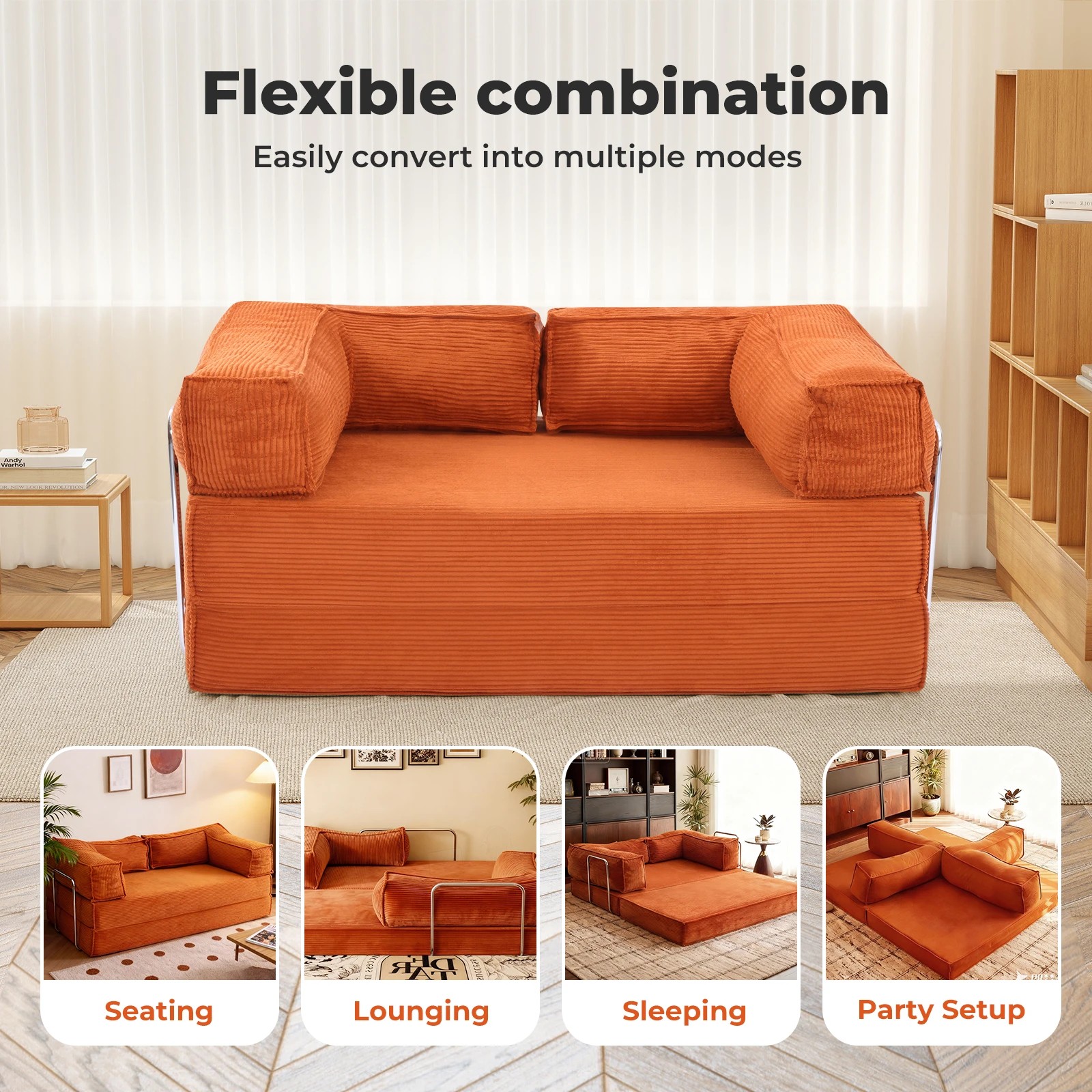 3 Levede 3 Seater150Cm Double Corduroy Sofa Bed In - Orange, 3 of 8