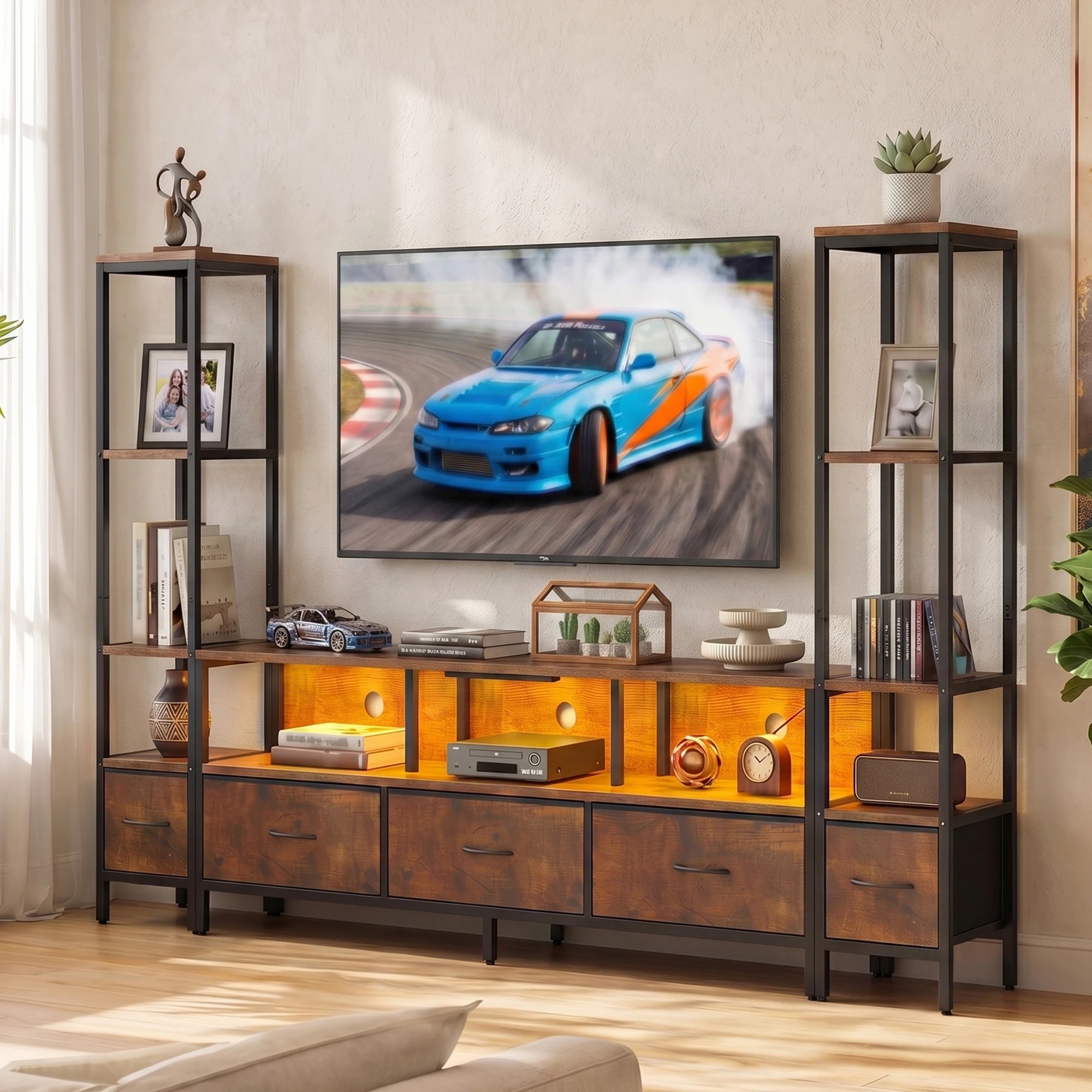 3 Advwin 197cm TV Stand with Bookshelf Entertainment Center with Power Outlet & LED Lights - Brown, 3 of 7