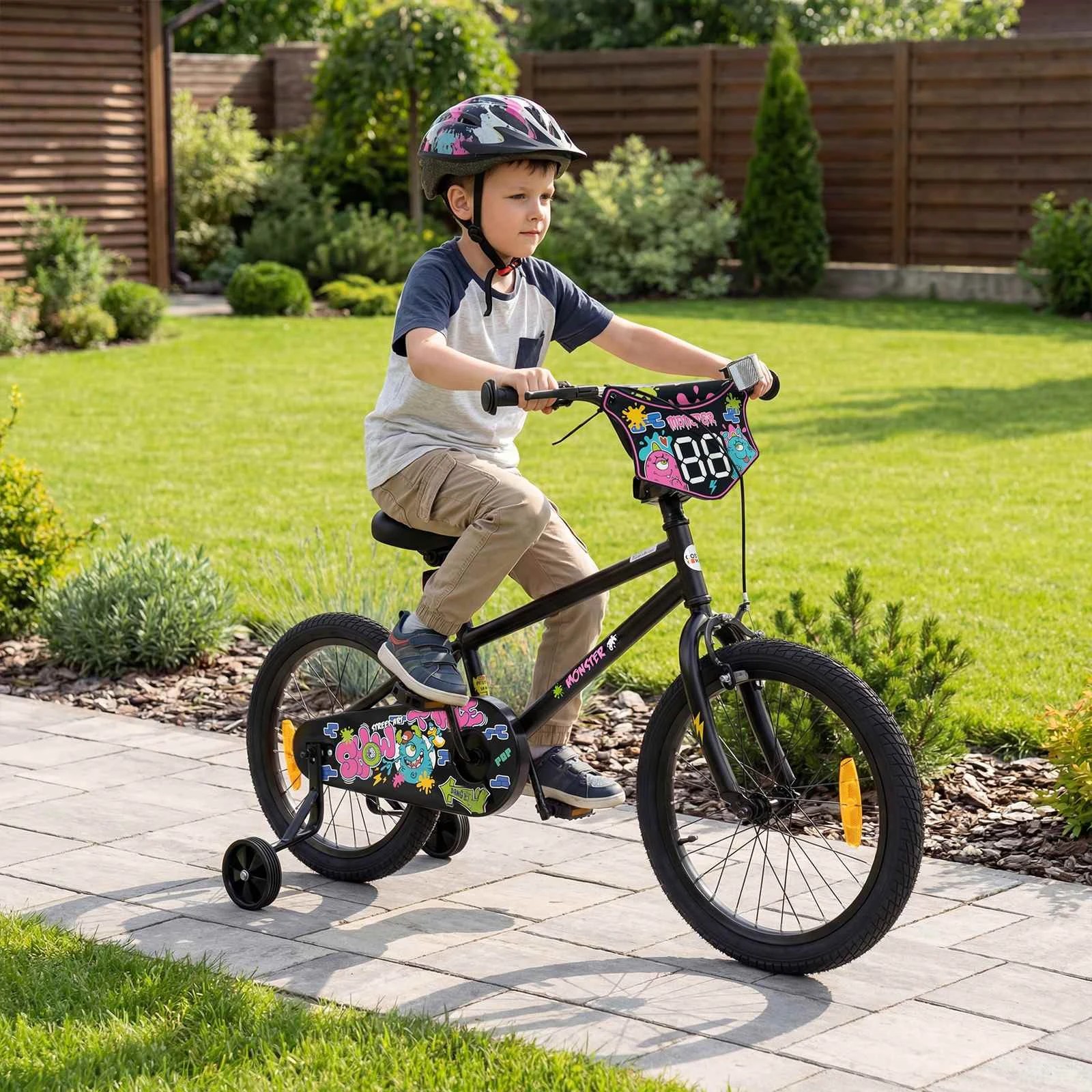2 Costway 45cm Bike Adjustable Bicycle w/Training Wheels Handbrake Coaster Brake Reflectors - Black, 2 of 3