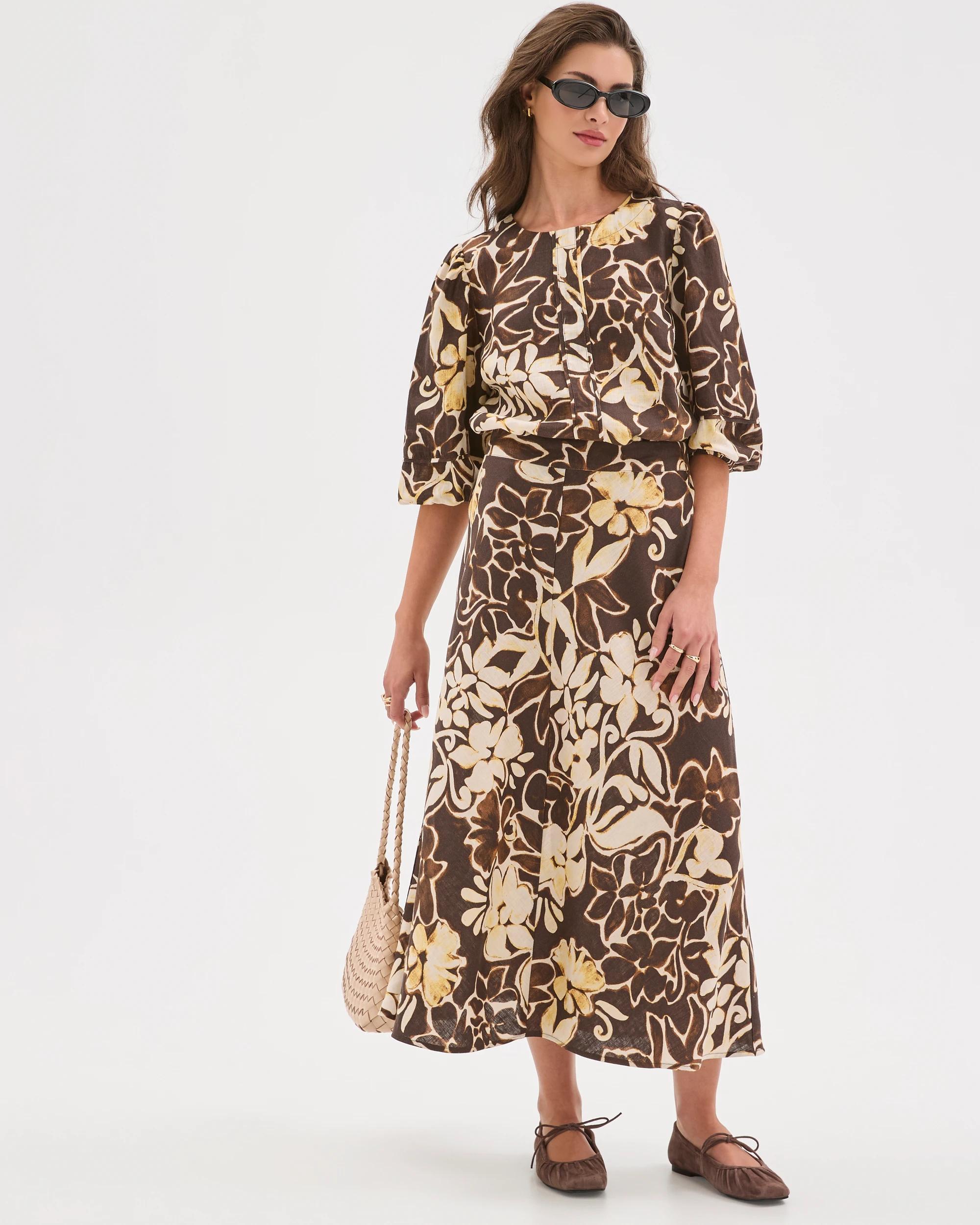 1 Target Petites Petites European Linen Seam Detail Midi Skirt FLORAL PRINT, 1 of 6