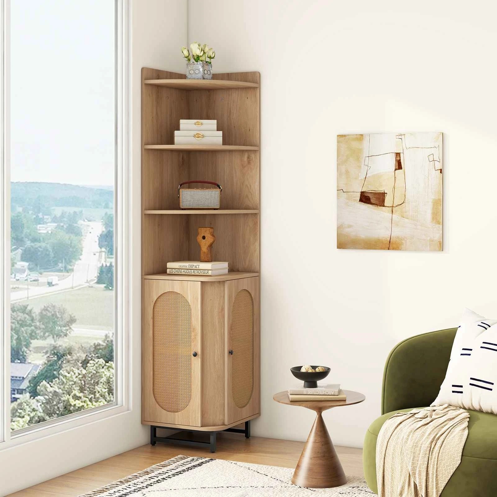 2 Costway PE Rattan Corner Cabinet 172cm Bookcase Sideboard 2 Door 4 Open Shelf - Natural, 2 of 2