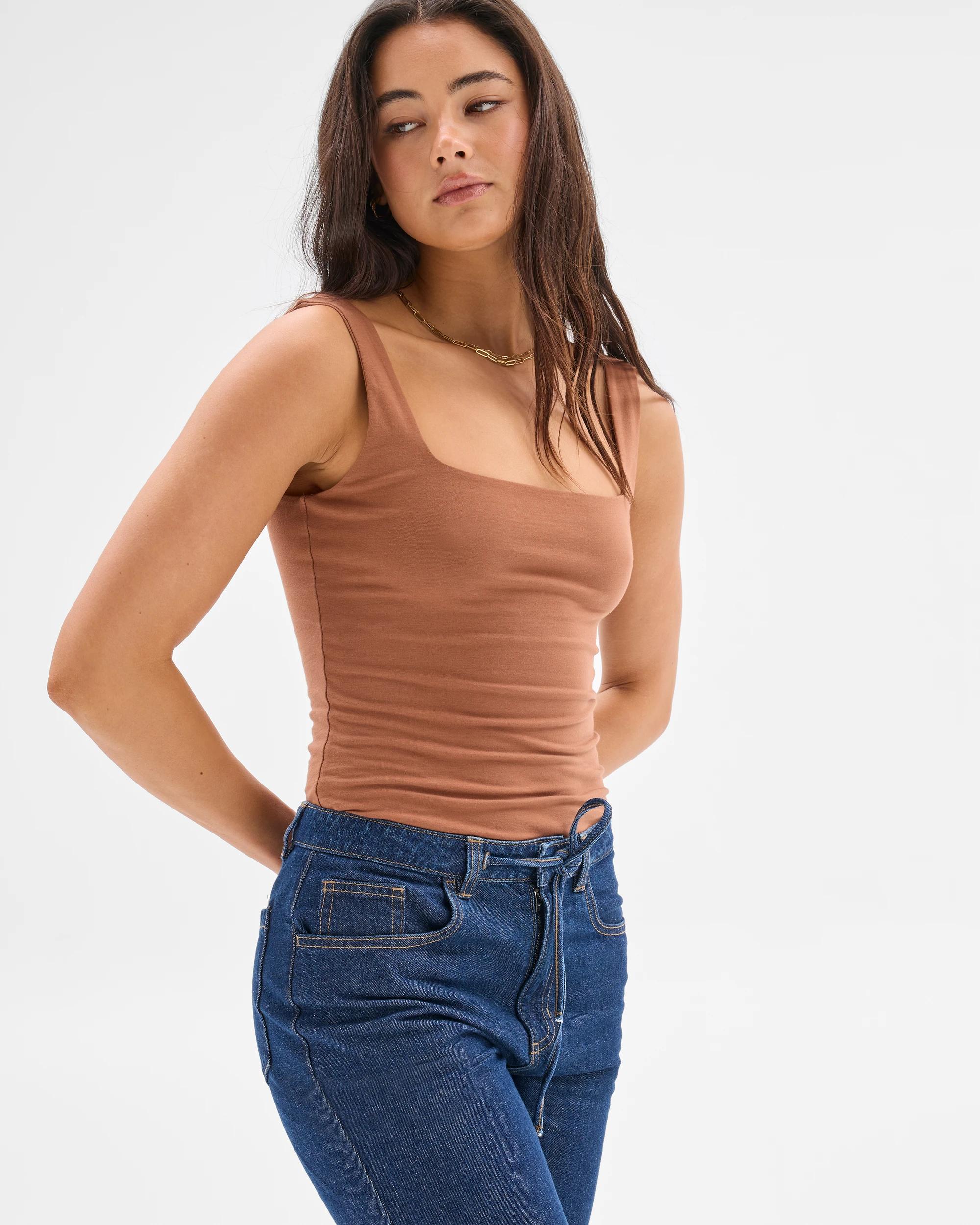 3 Australian Cotton Double Layer Square Neck Tank Top - Lily Loves CAROB, 3 of 7