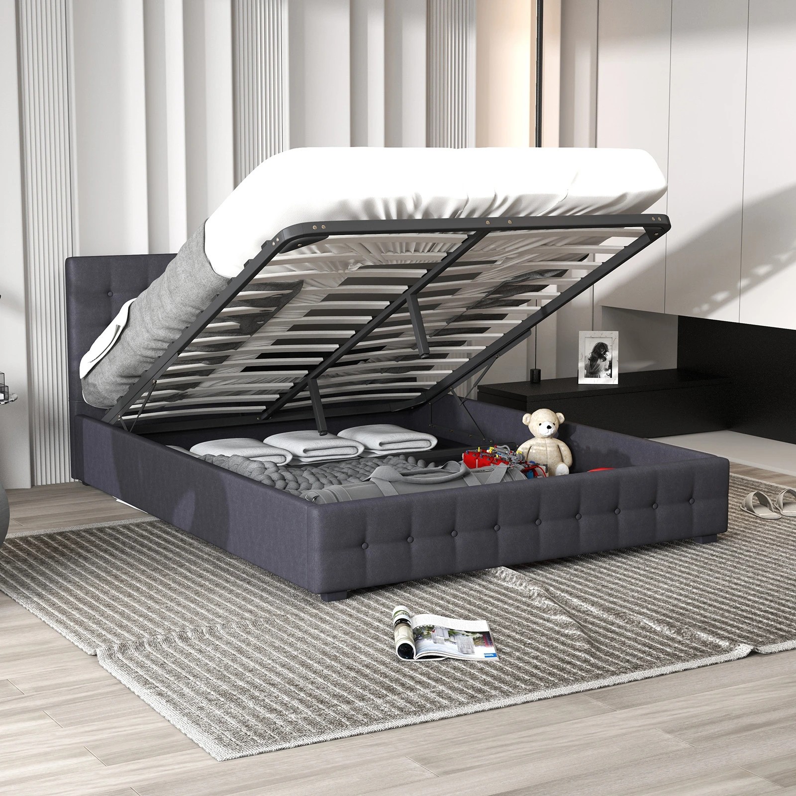 4 Milano Décor Eden Gas Lift Bed With Headboard Platform Storage Fabric King Single - Grey, 4 of 10