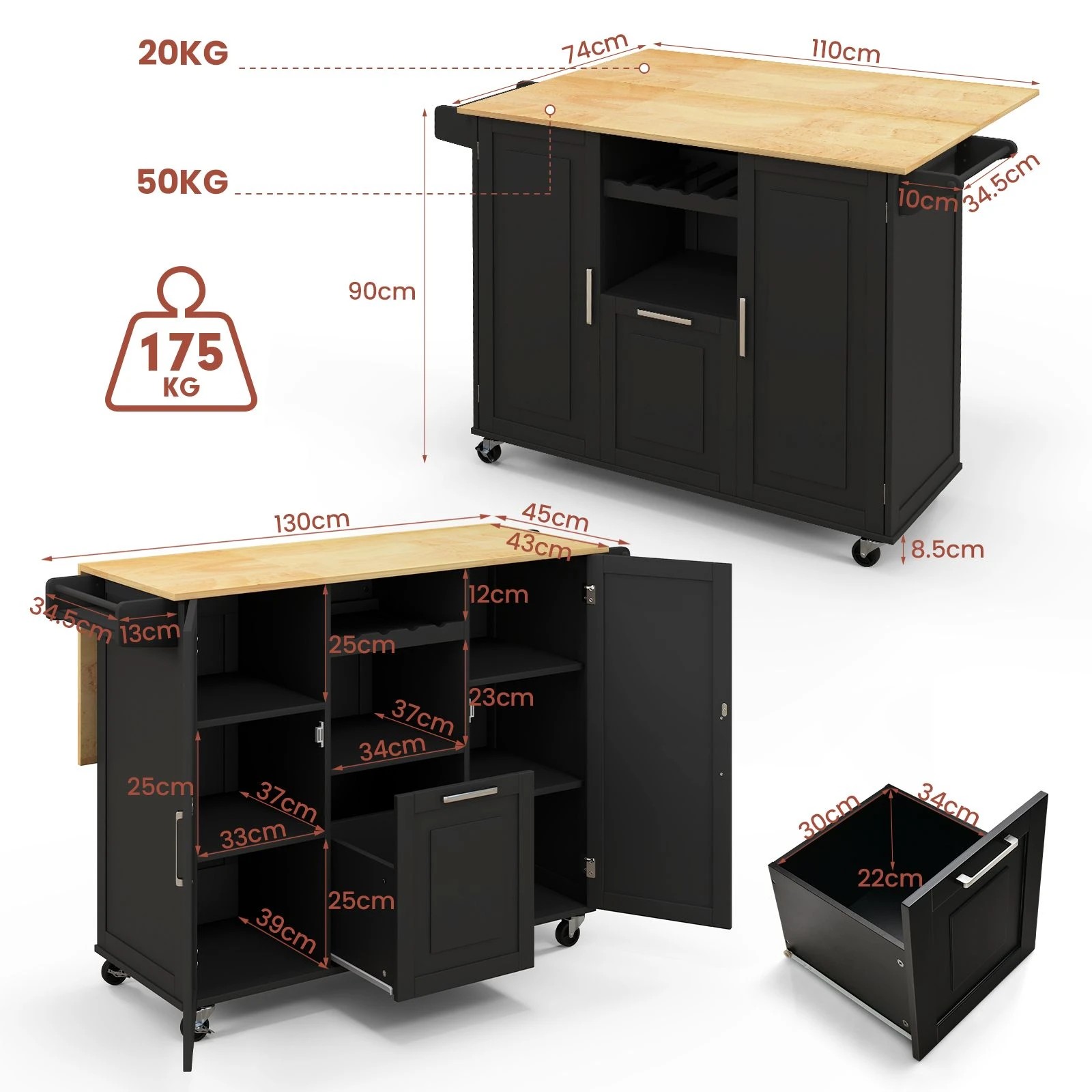 2 Costway Wood Kitchen Island Drop-leaf Trolley Black, 2 of 5