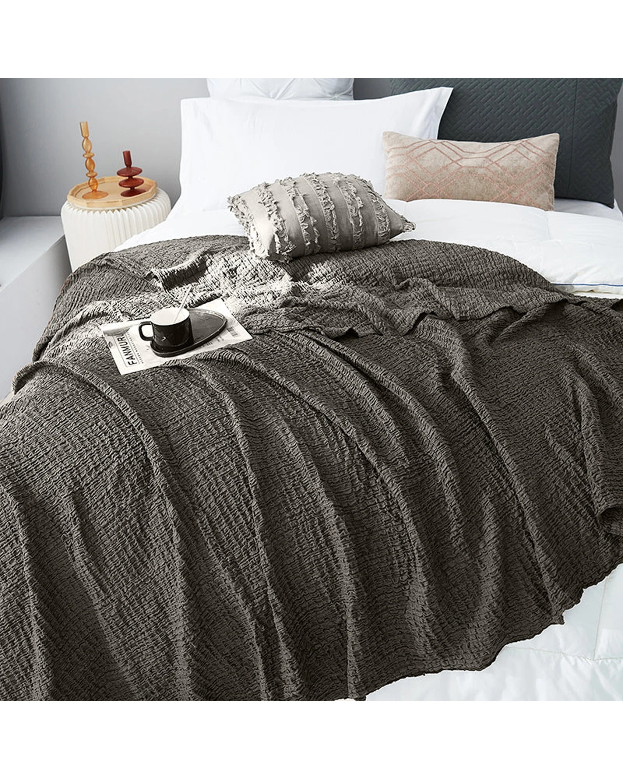 4 Cotton More Corrugated Seersucker Blanket Throw 150x200cm - Brown, 4 of 8