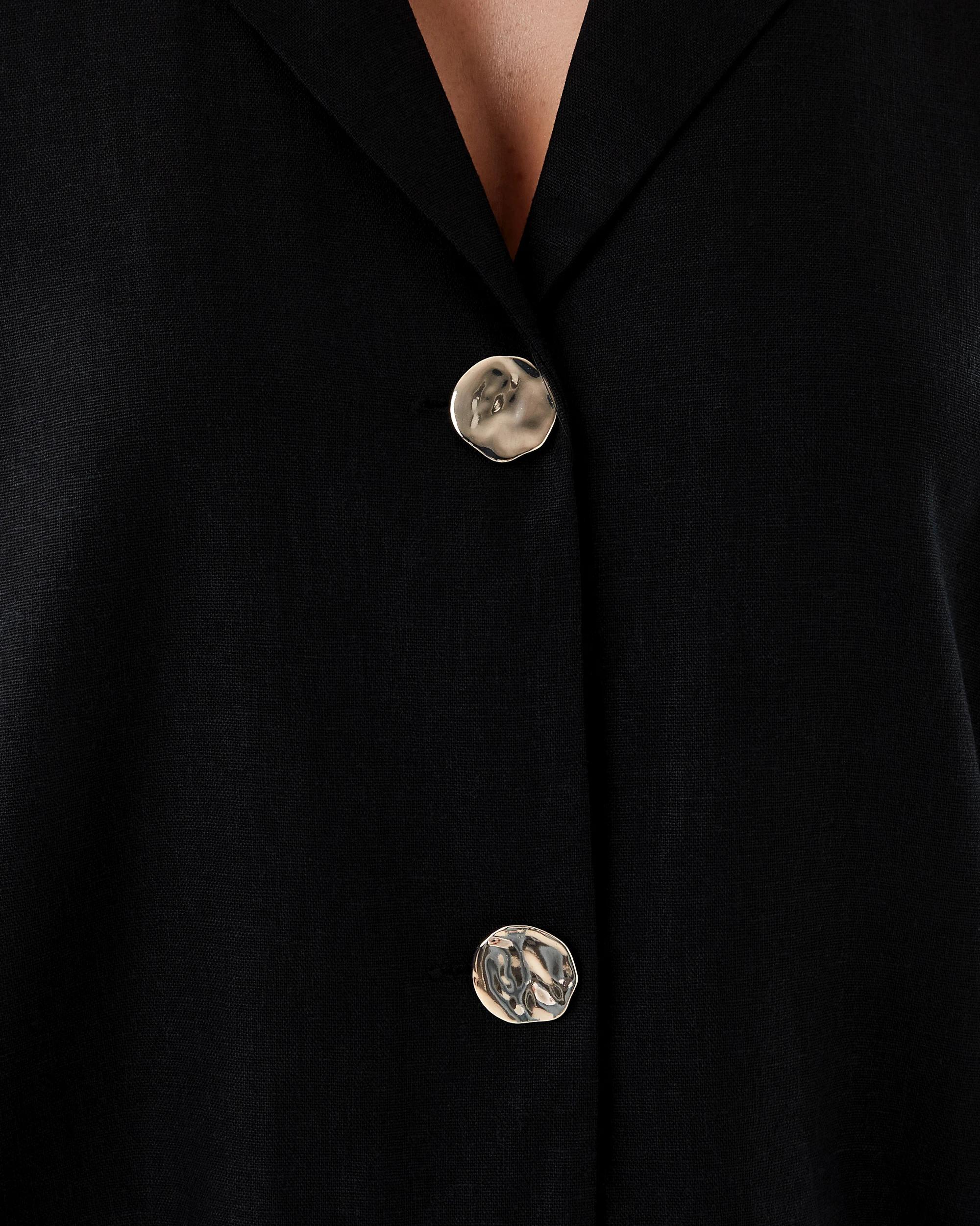 6 Short Sleeve Linen Blend Gold Button Top Black, 6 of 7