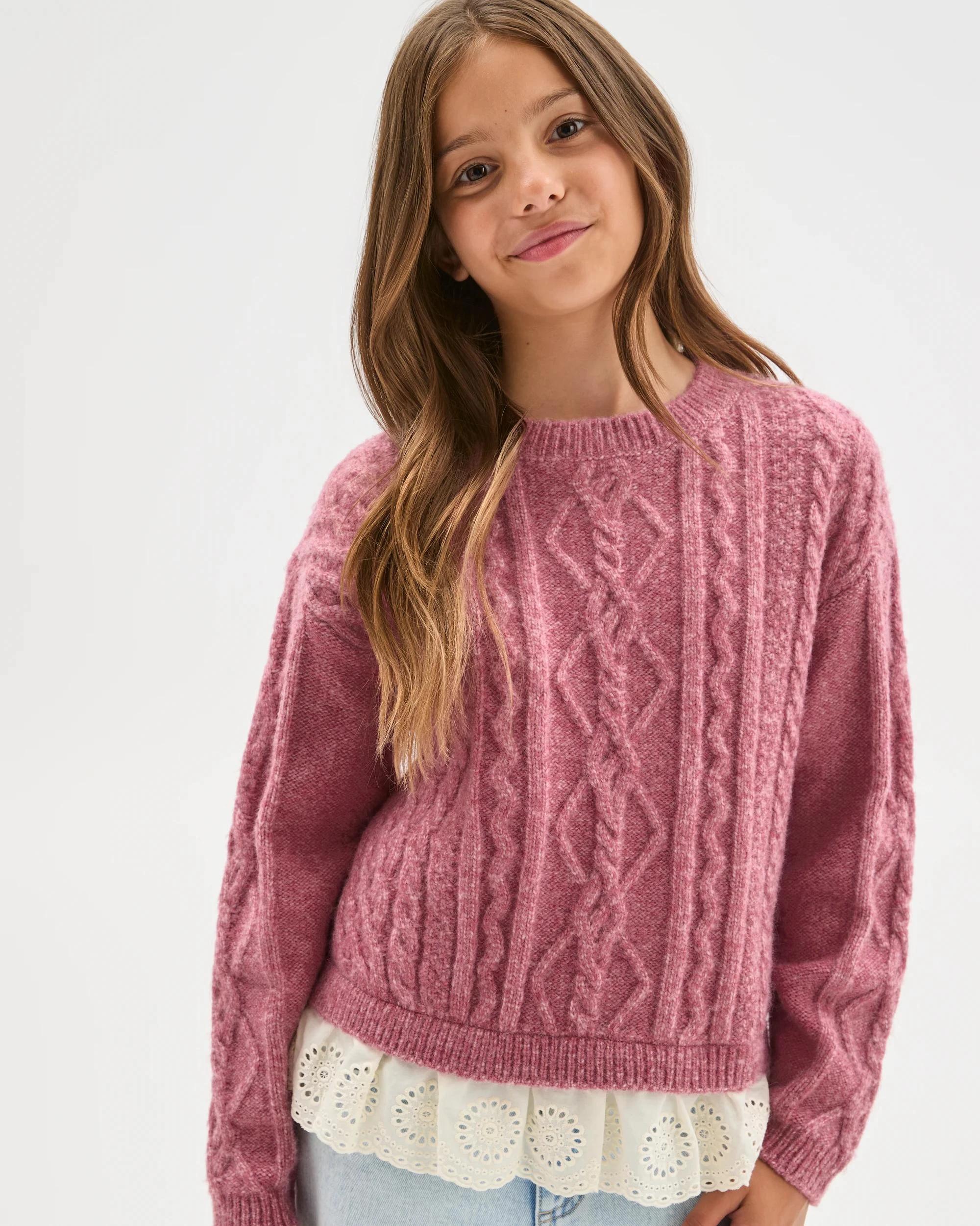 2 Target Kids Cable Knit Lace Hem Sweater PINK, 2 of 7