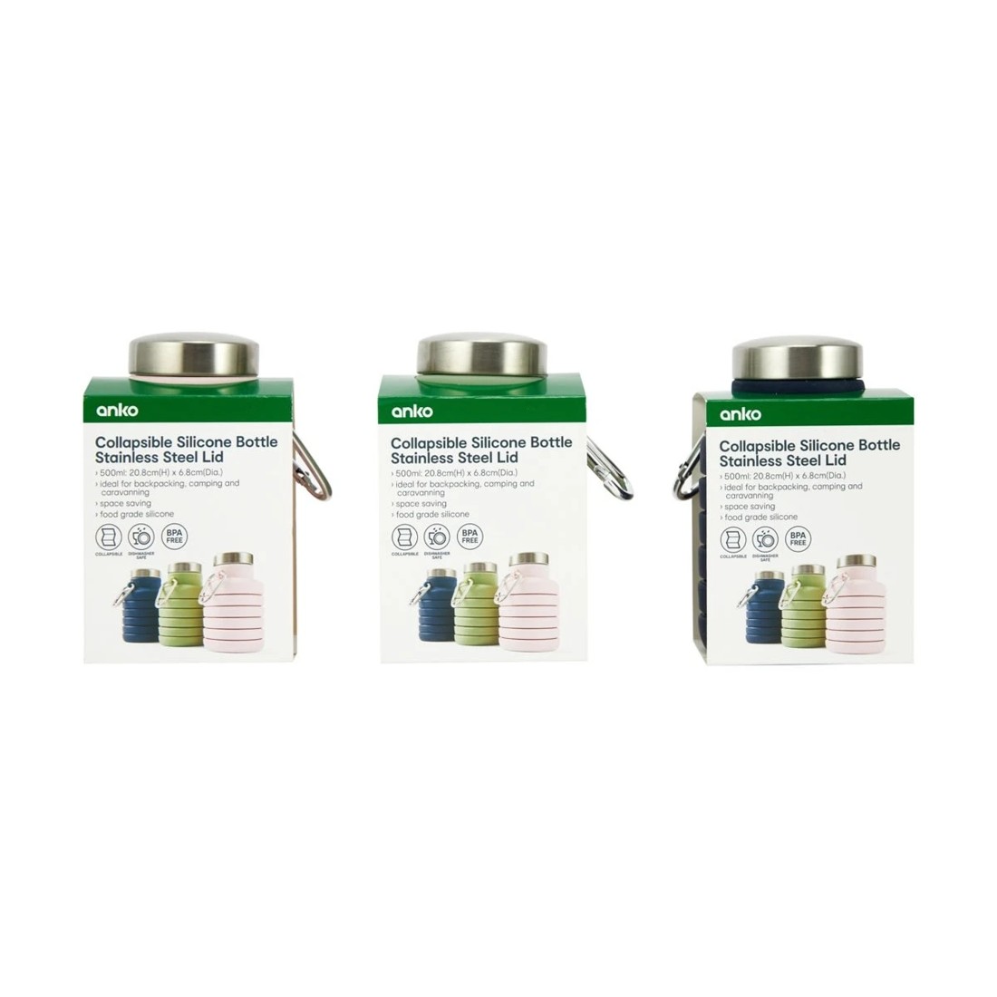 10 500ml Collapsible Silicone Bottle with Stainless Steel Lid - Assorted, 10 of 10