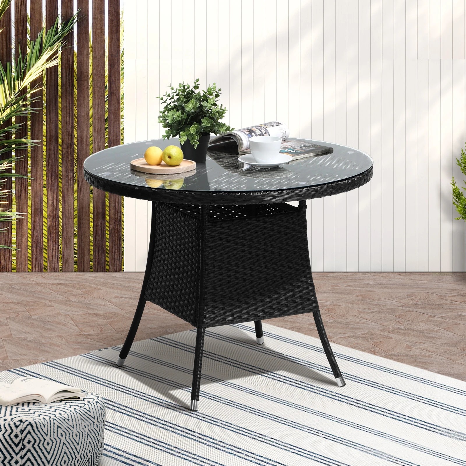 10 Livsip Outdoor Dining Table 90cm Round Rattan Glass Table Patio Furniture
 - Black, 10 of 10