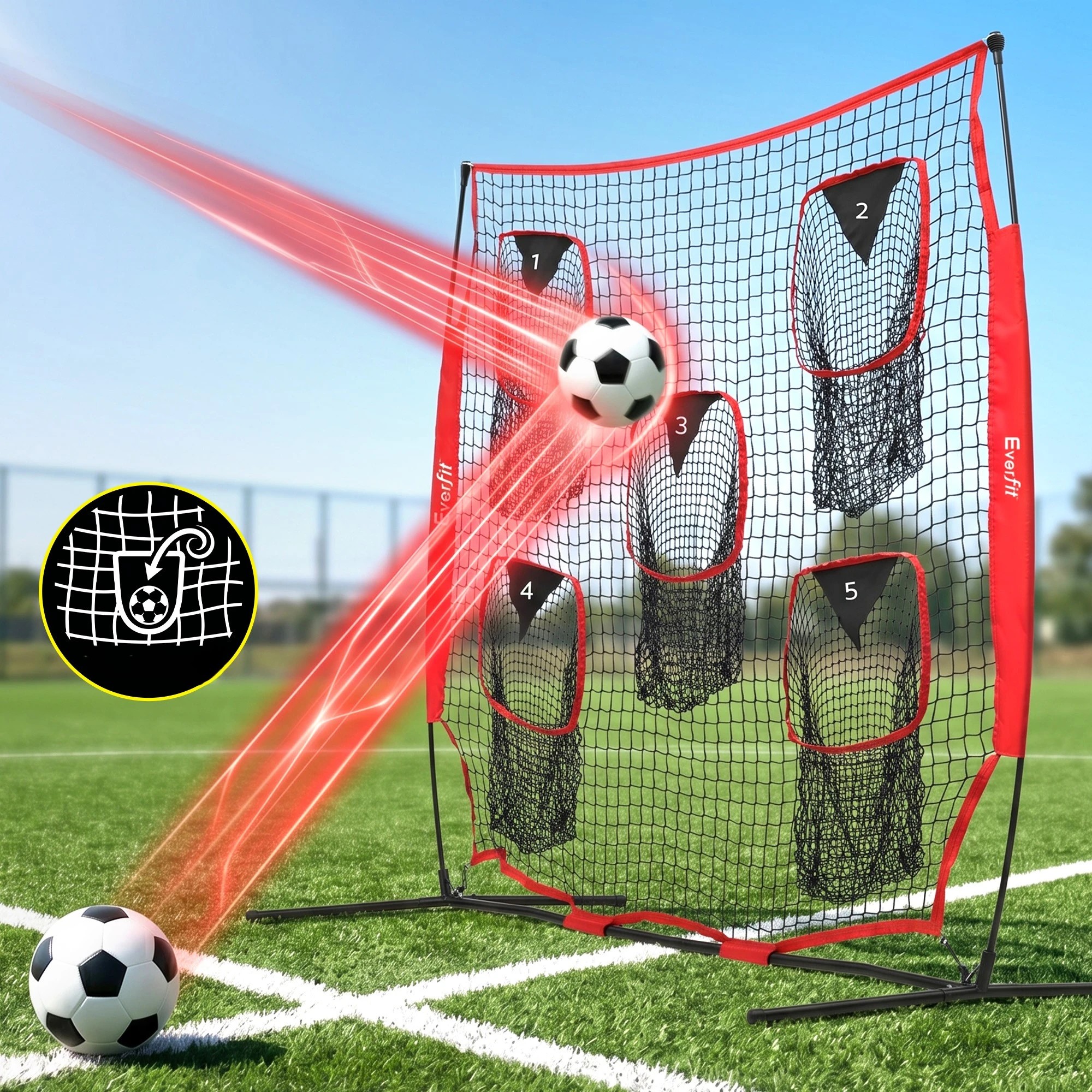 6 Everfit Football Training Net 5 Target Portable Soccer Goal Nets Rebounder - Red, 6 of 8