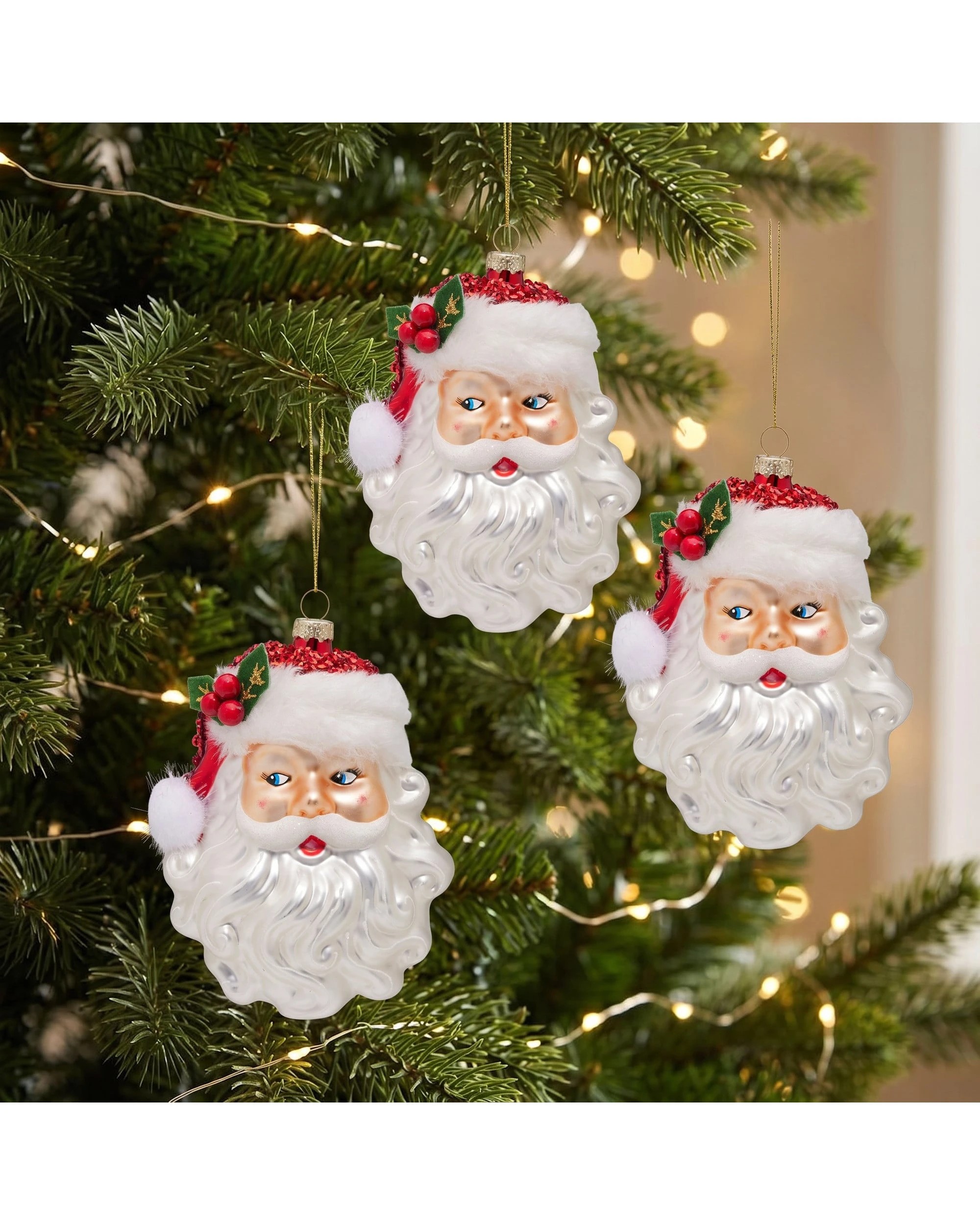 7 Christabelle Set of 6 Glass Santa Head Christmas Baubles, White Fur Trim, 13 cm - White, 7 of 7