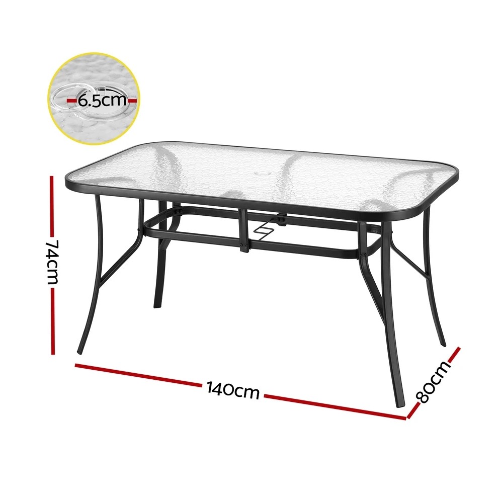 2 Gardeon 140CM Outdoor Dining Table Steel Frame Tempered Glass Parasol Hole - Black, 2 of 6