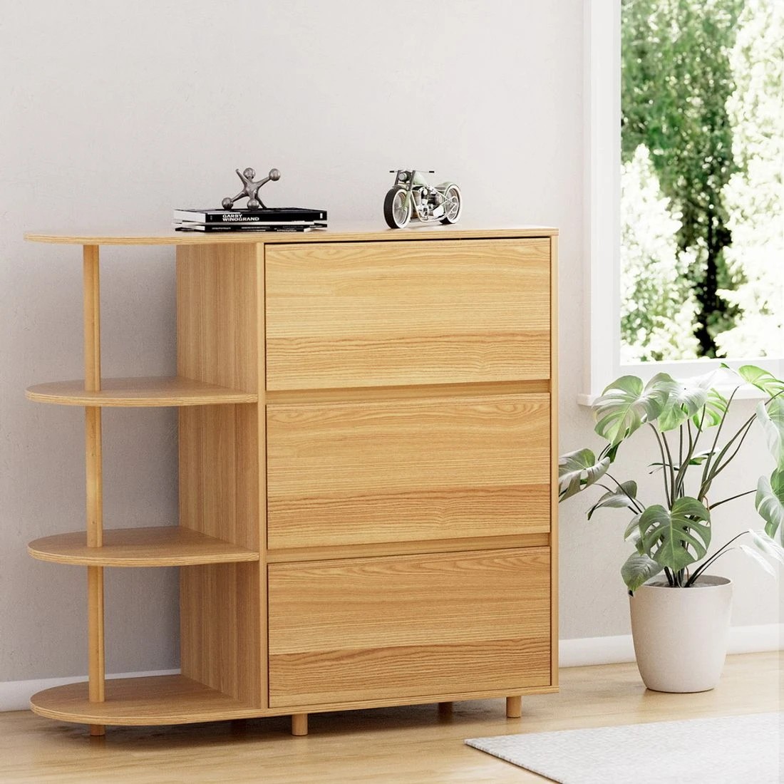 6 Artiss Chest of 3 Drawers Storage Cabinet 3 Shelves Pine - Natural, 6 of 6
