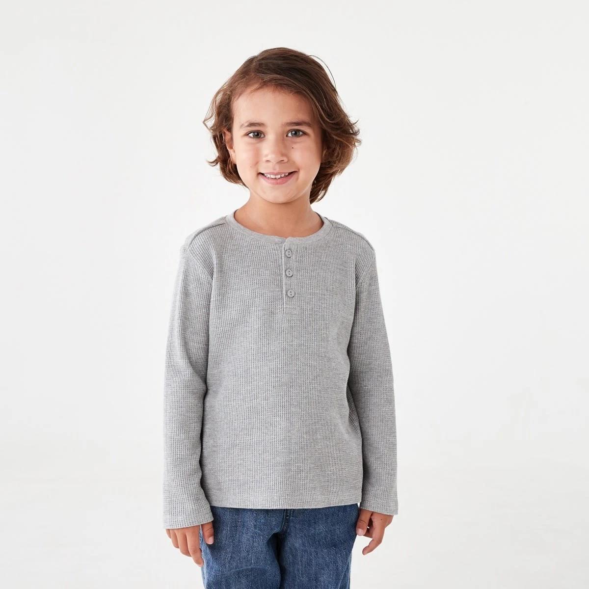 1 Waffle Henley Long Sleeve T-shirt Kgry Marle, 1 of 8