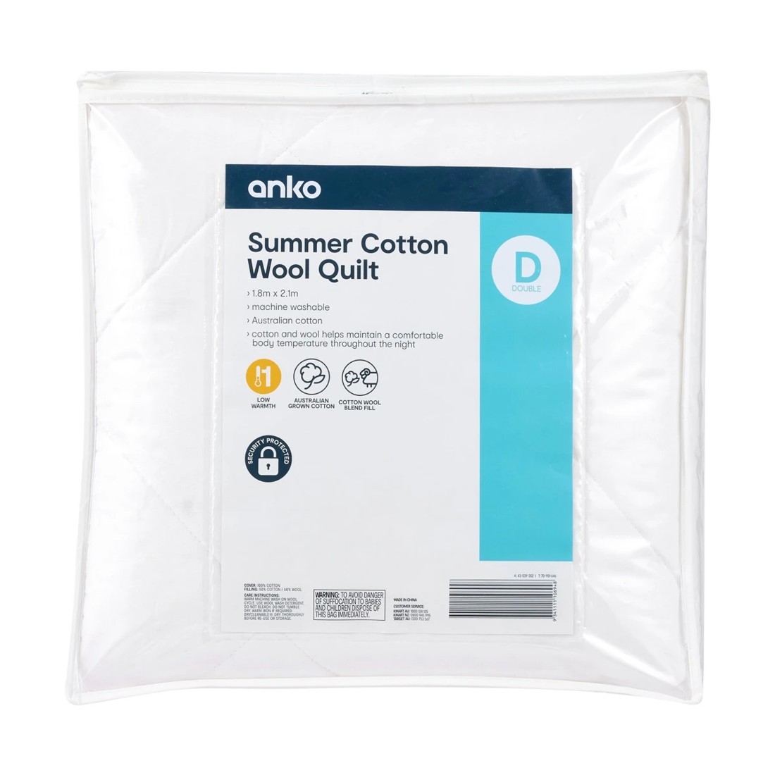 1 Low Warmth Summer Cotton Wool Quilt - Double Bed, White, 1 of 4