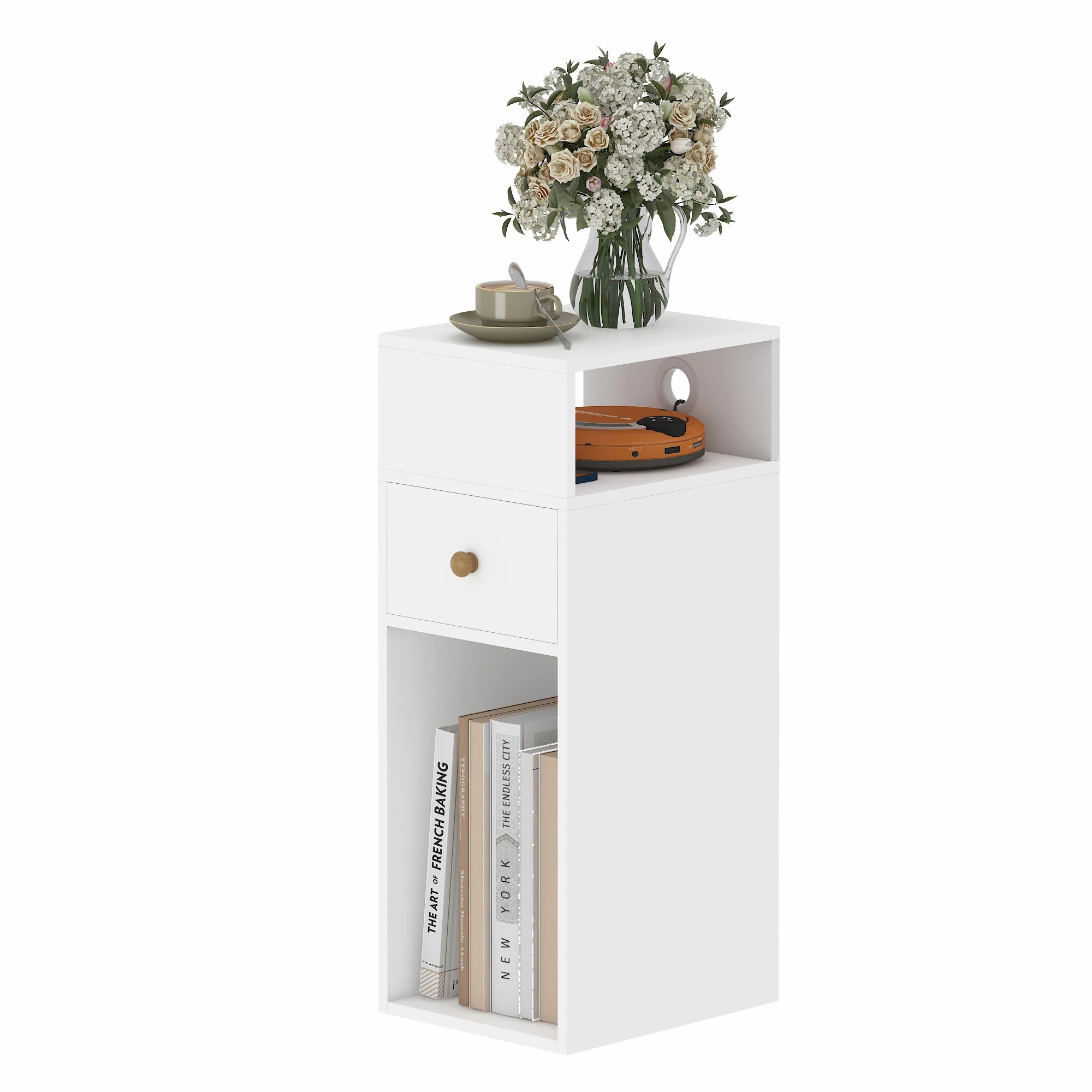 2 Advwin Side Table 25cm Narrow Sofa End Table w/ Side Shelf & Drawer Slim Bedside Table - White, 2 of 10